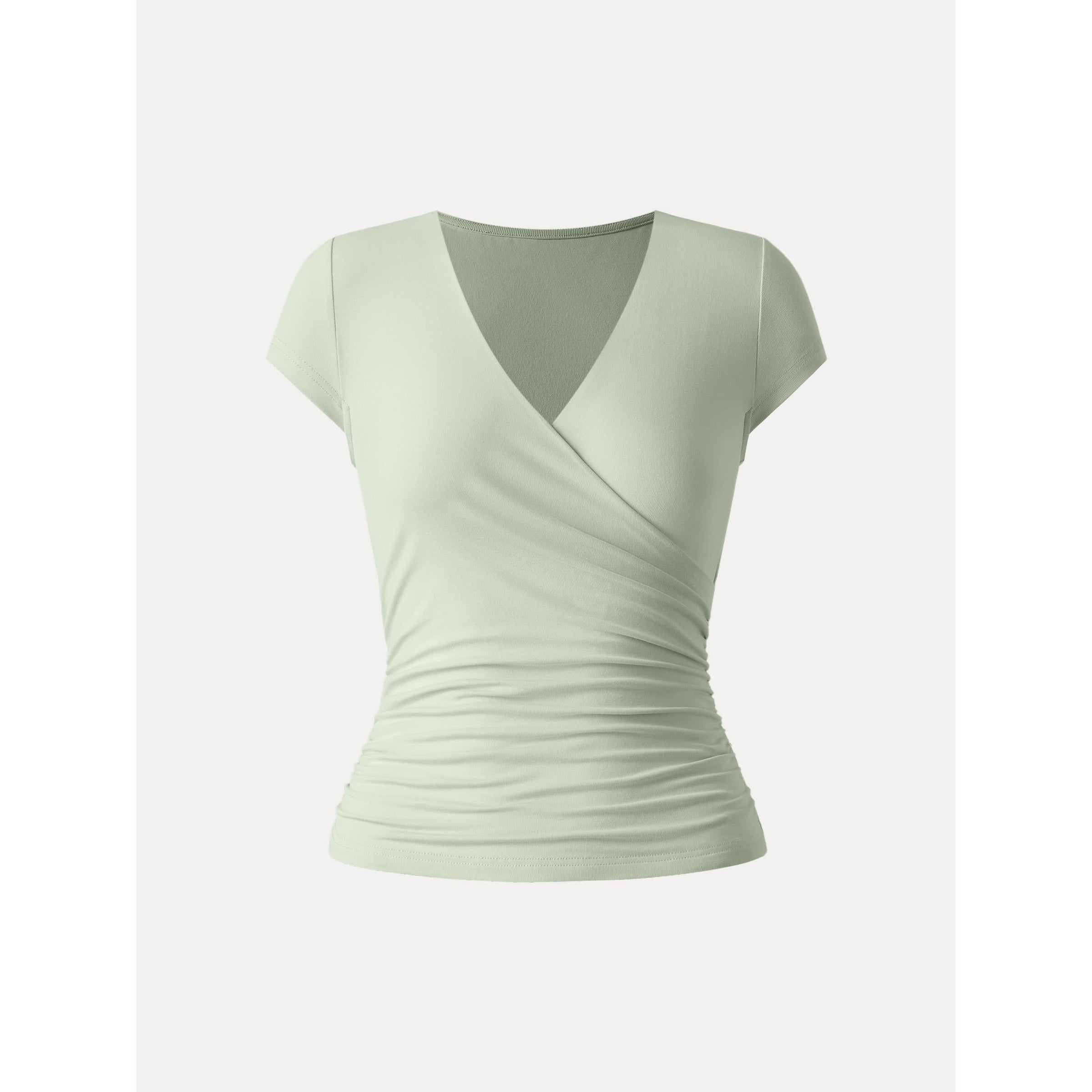 Surplice Cap Sleeve Side Ruched Fitted Tee