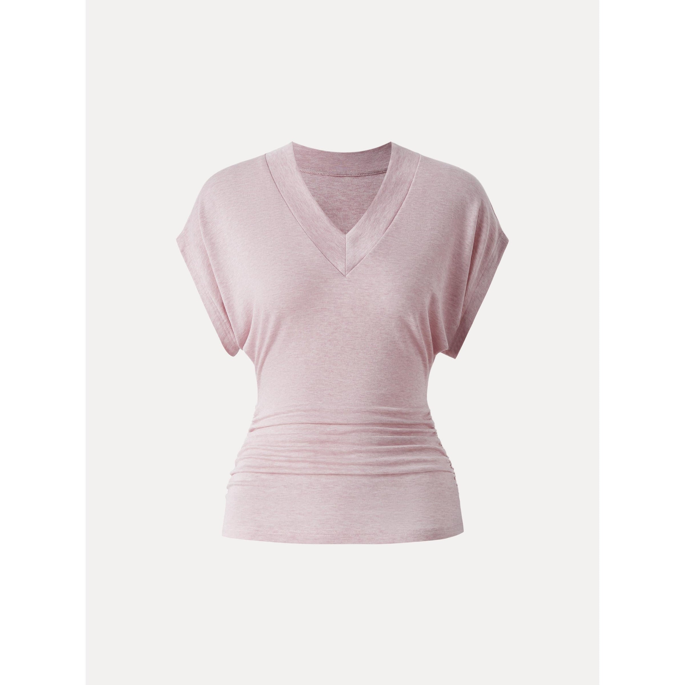 Semi-sheer Lyocell Cashmere Blend V-neck Short Sleeve Side Ruched Tee