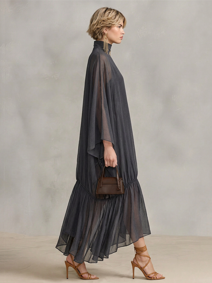 Women's Dark Gray Sheer Chiffon Maxi Dress With Turtleneck Cape Batwing Sleeves & Ruched Ruffle Hem, Minimalist Elegant Oversized Flowy Maxi Dress MDZ0665G8LYL