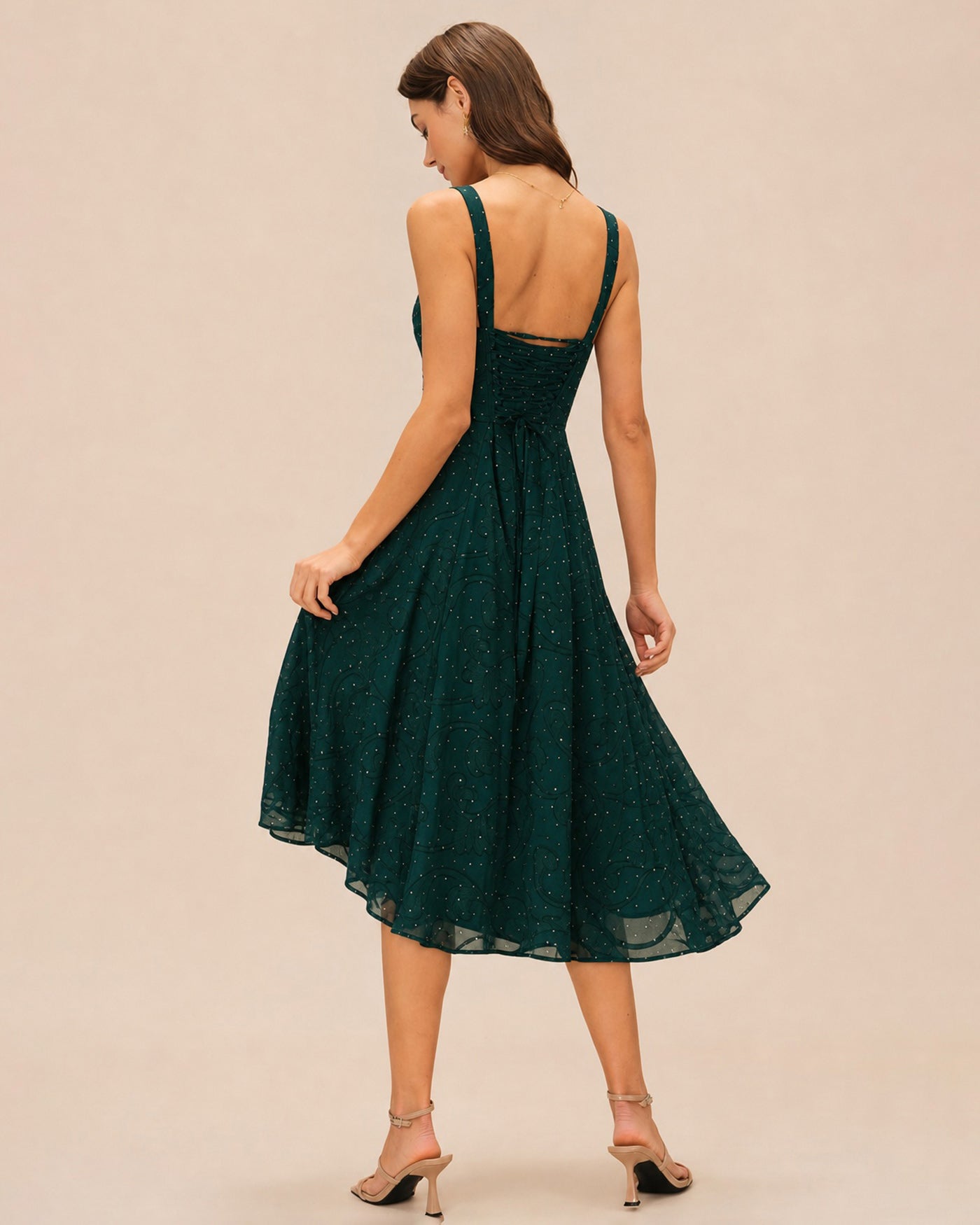 The Green Square Neck Jacquard Slit Midi Dress