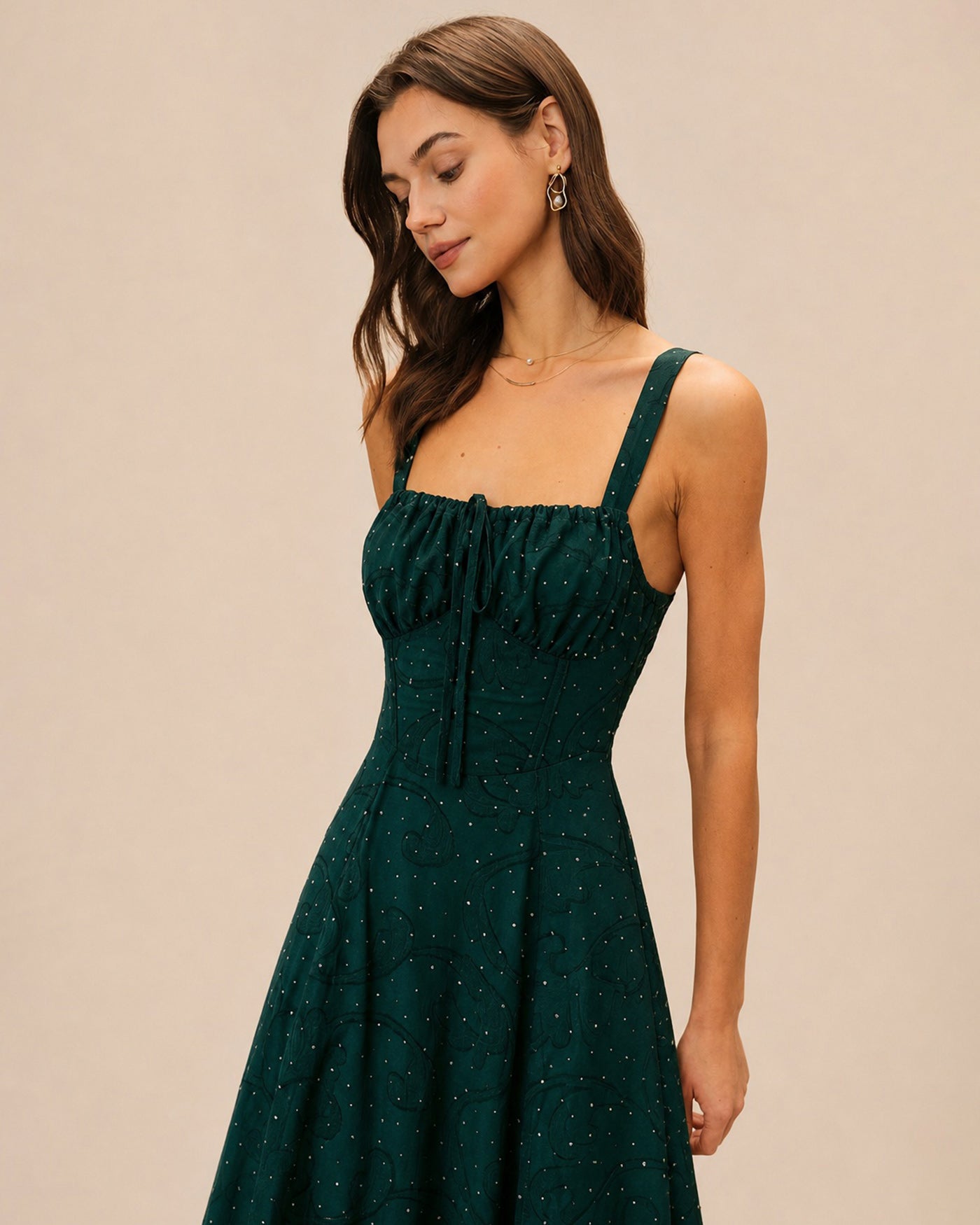 The Green Square Neck Jacquard Slit Midi Dress