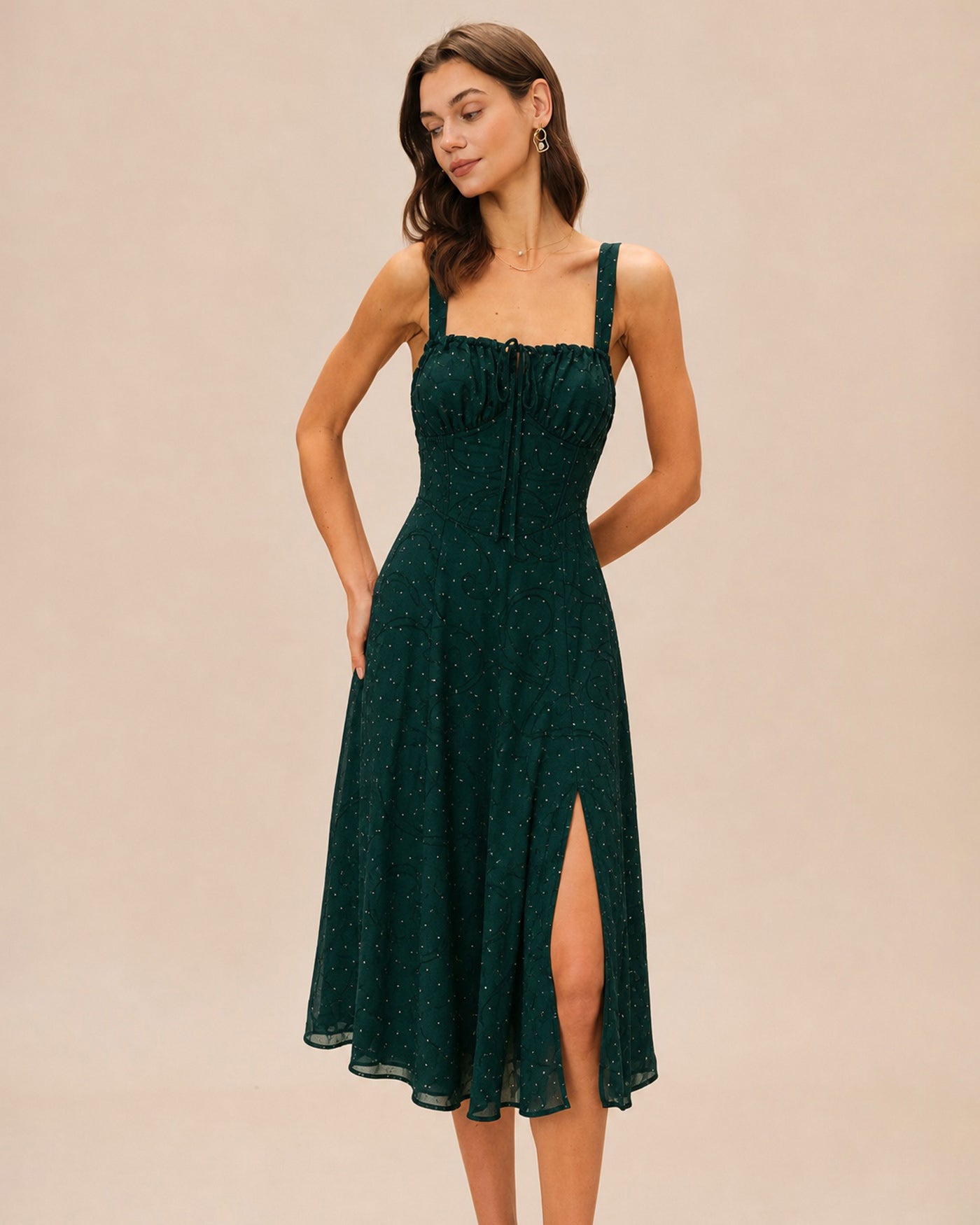 The Green Square Neck Jacquard Slit Midi Dress