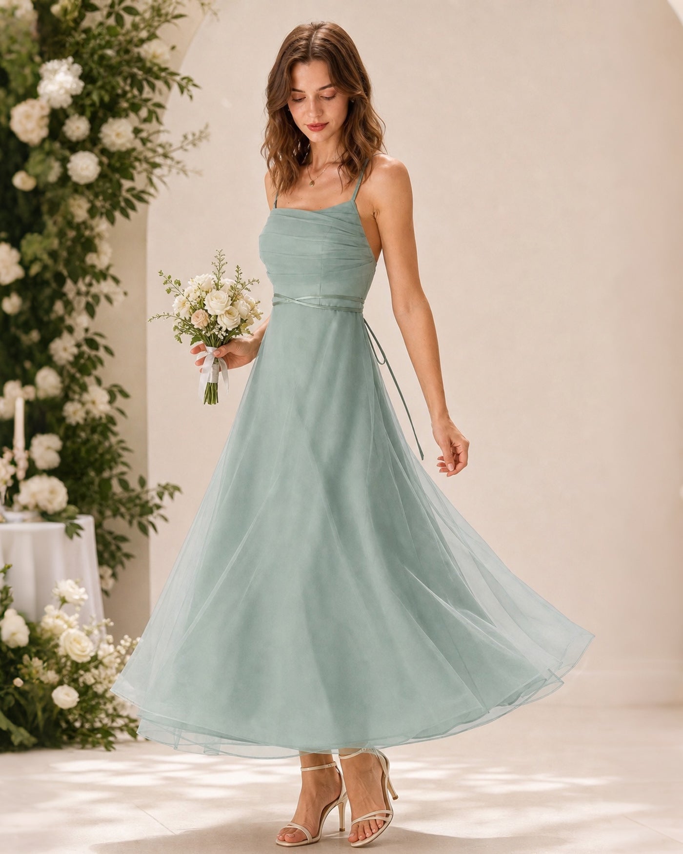 Green Mesh Flowy Slip Midi Dress