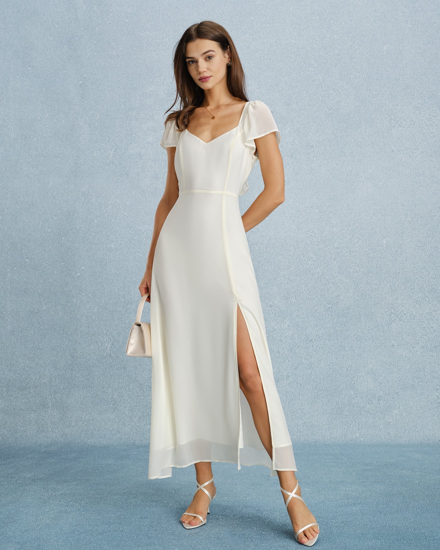 Apricot Sweetheart Neck Slit Chiffon Maxi Dress