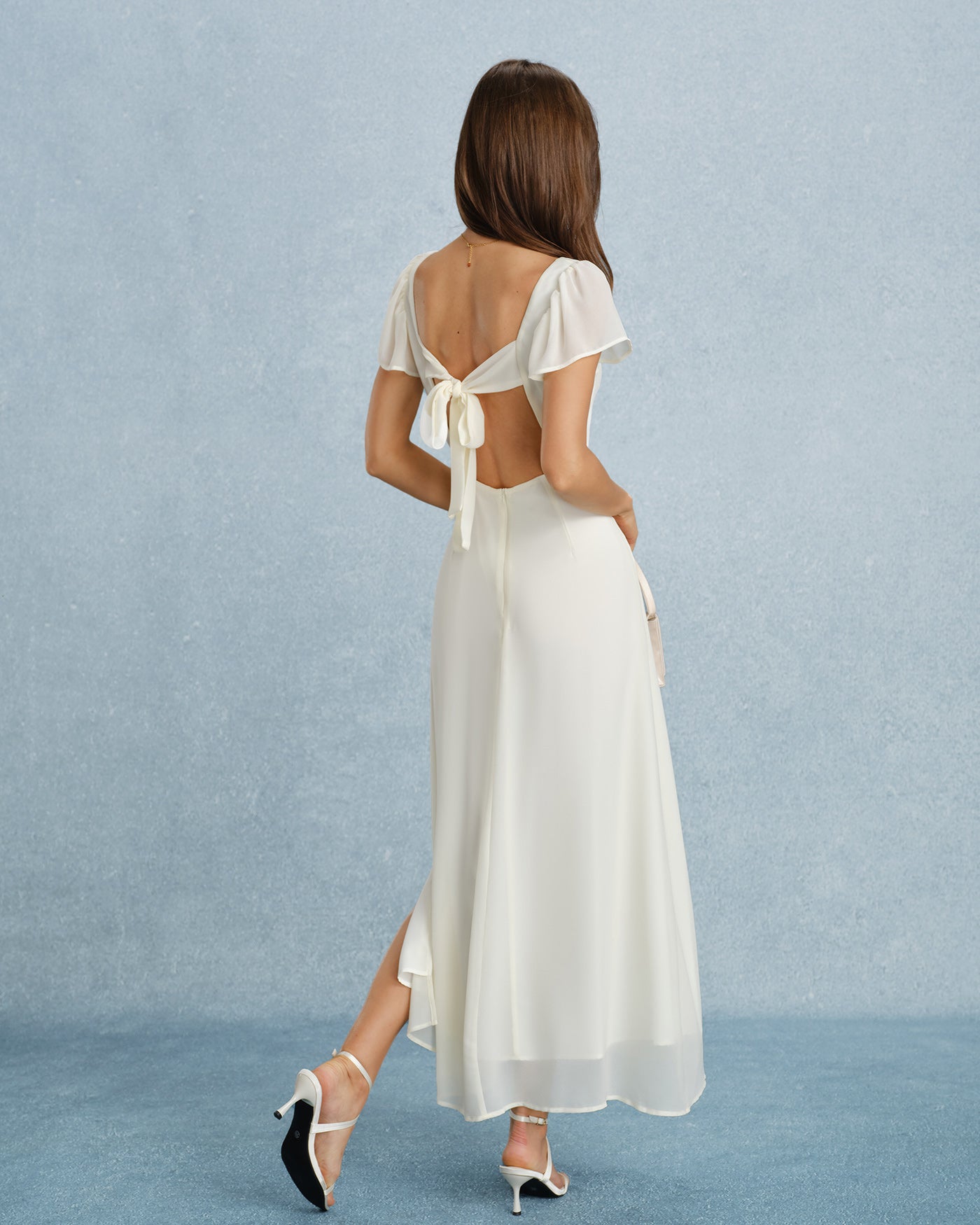 Apricot Sweetheart Neck Slit Chiffon Maxi Dress