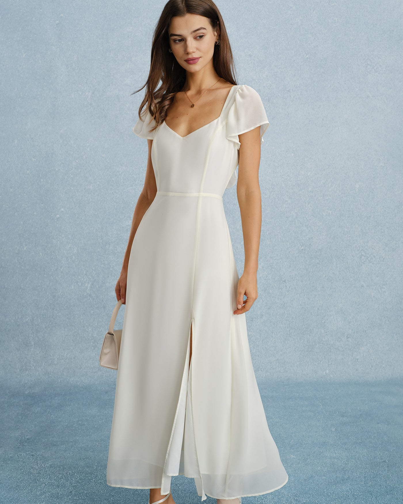 Apricot Sweetheart Neck Slit Chiffon Maxi Dress