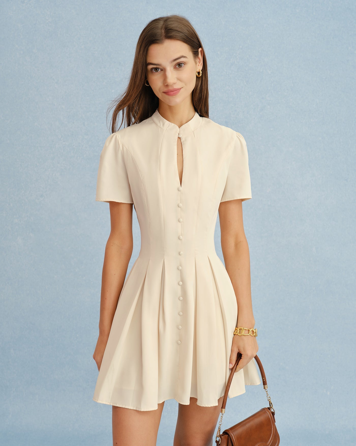 Apricot Mandarin Collar Cut Out Mini Dress