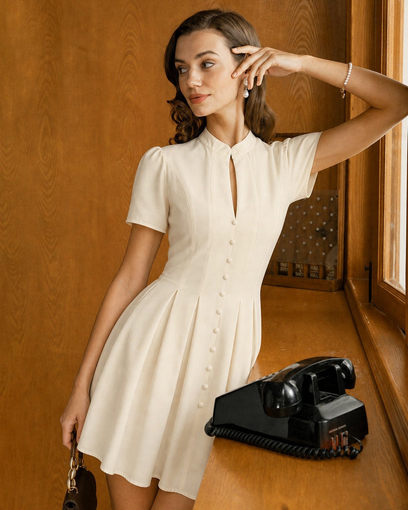 Apricot Mandarin Collar Cut Out Mini Dress