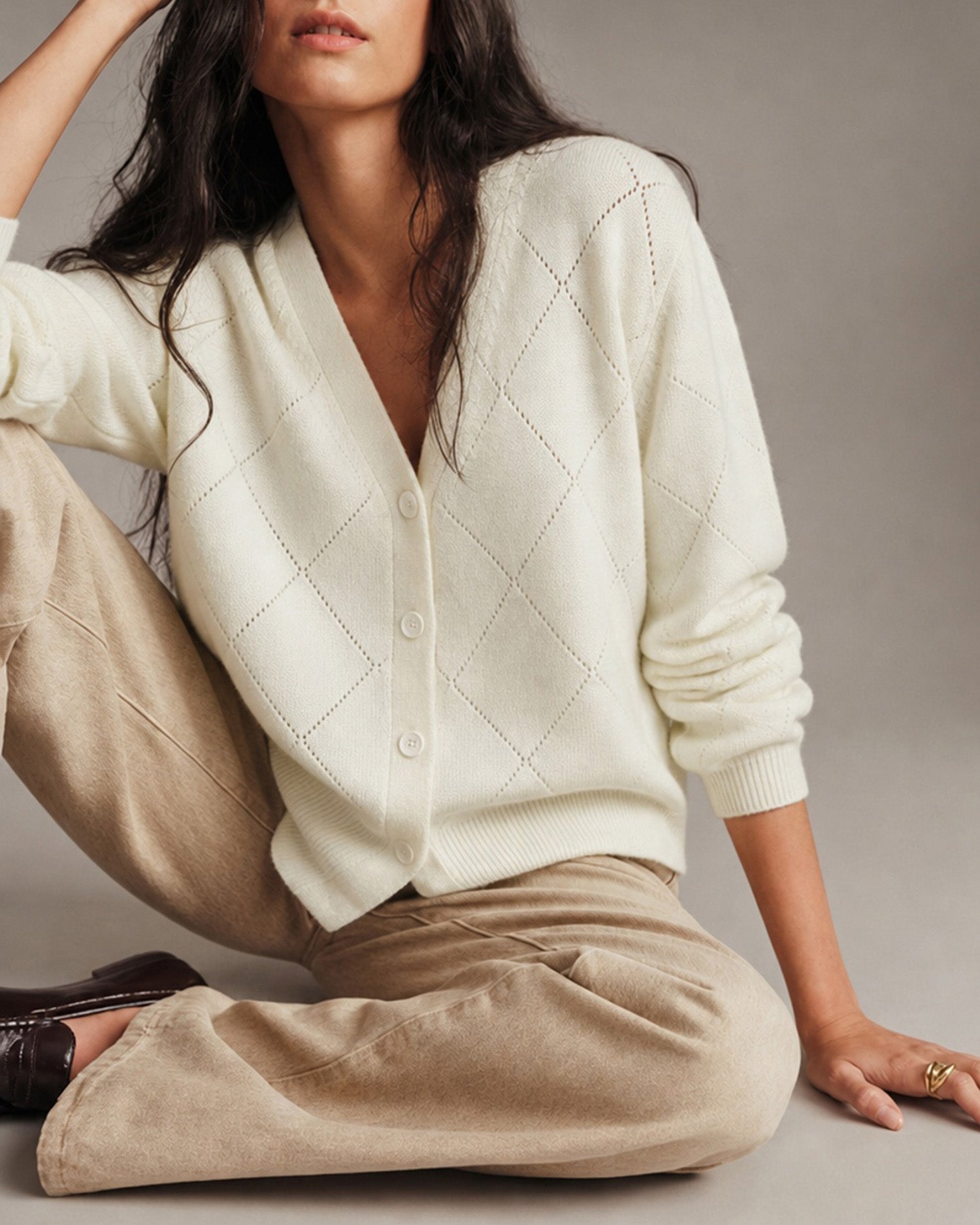 Apricot Solid V Neck Button Knit Cardigan