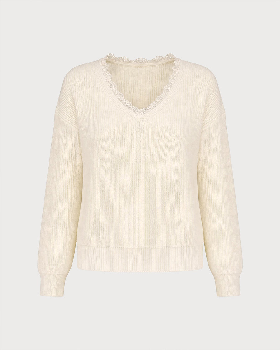 Apricot V Neck Splicing Knit Sweater