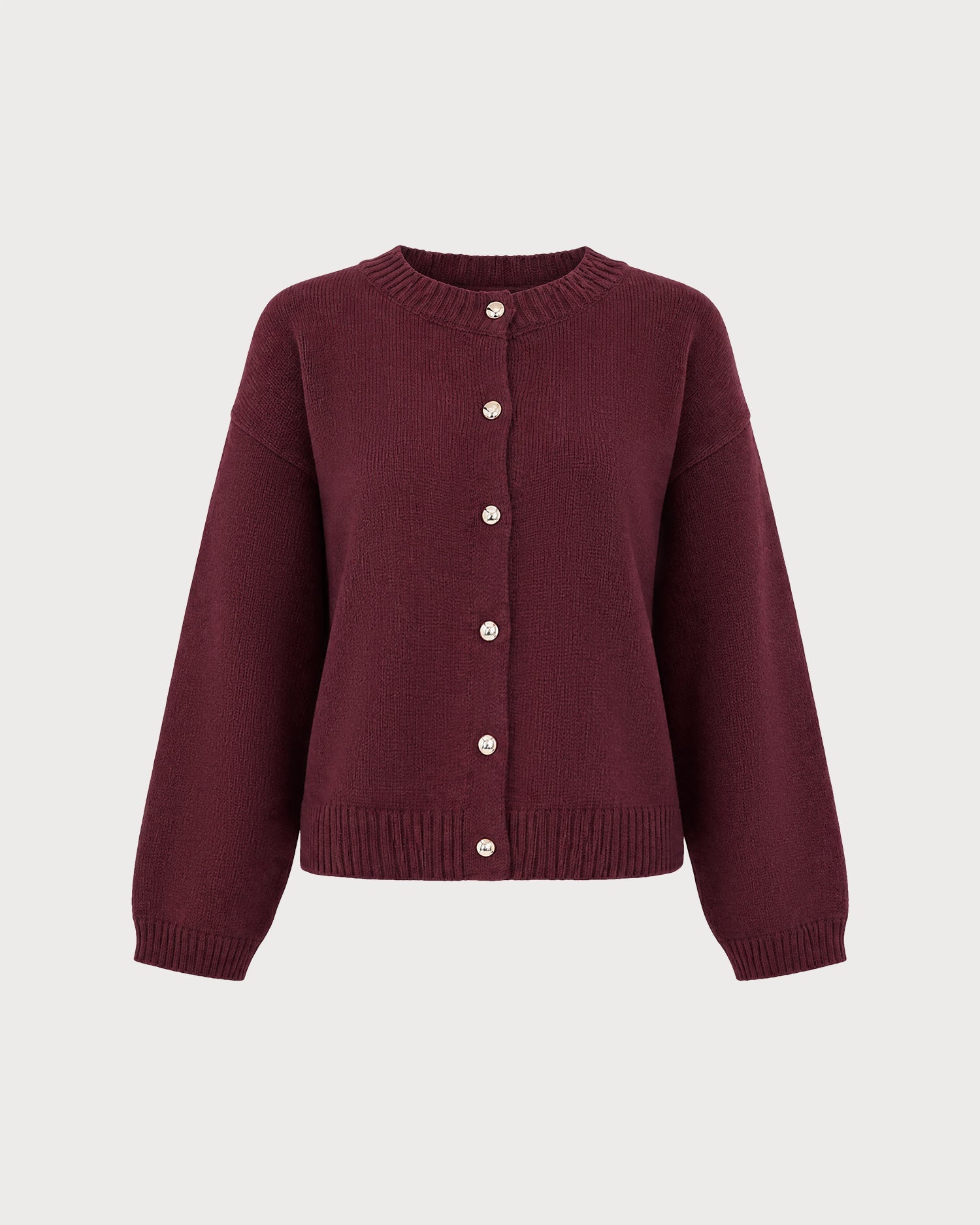 Wine Red Round Neck Button Knit Cardigan