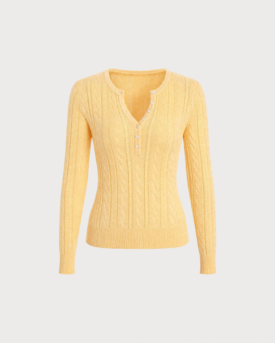 Yellow Round Neck Textured Knit Sweater