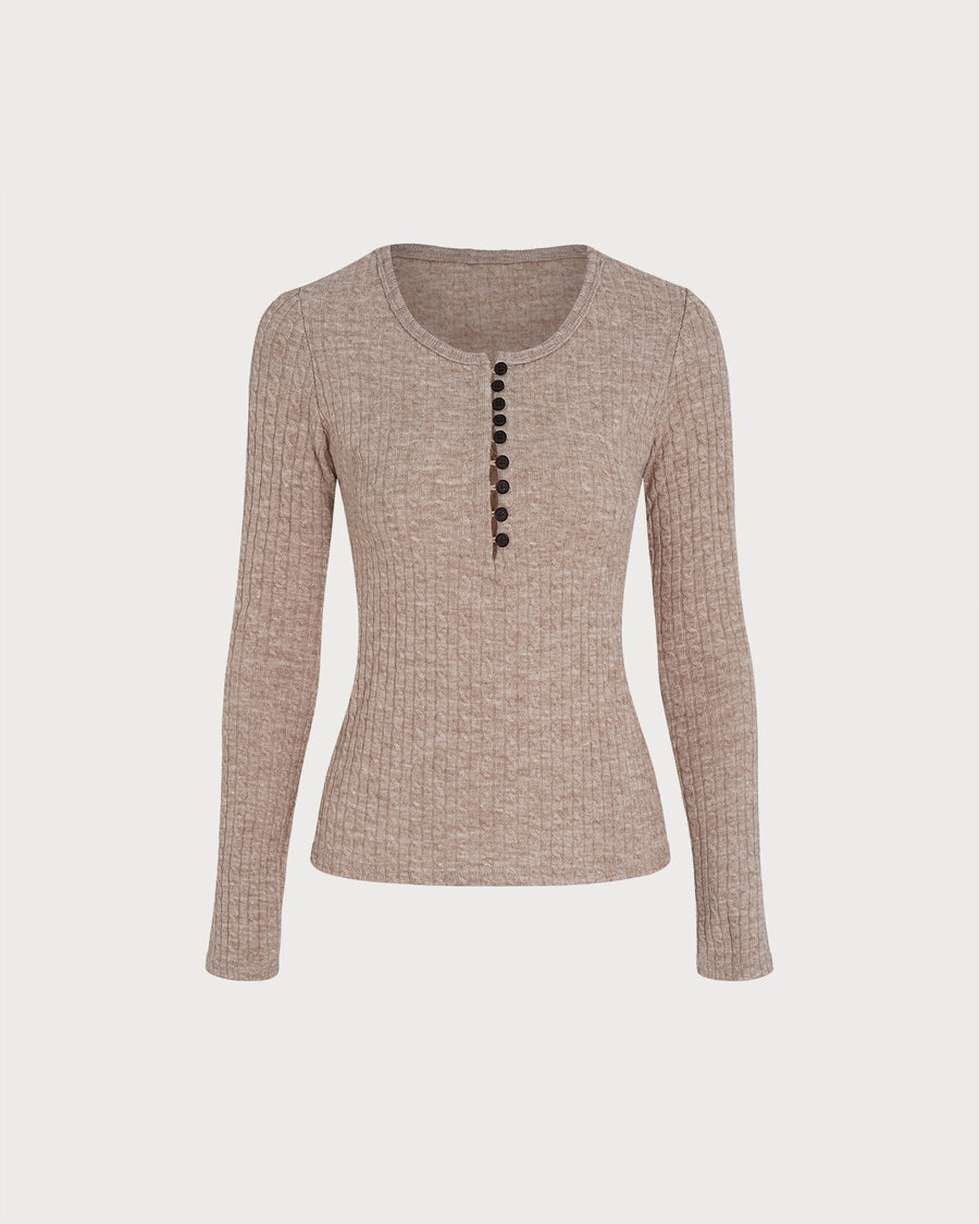 Camel V Neck Button Knit Sweater
