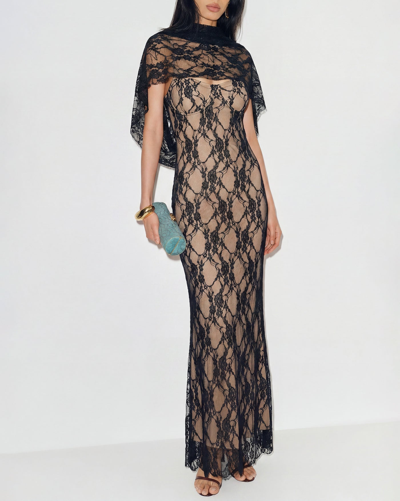Black Lace Splicing Slip Maxi Dress