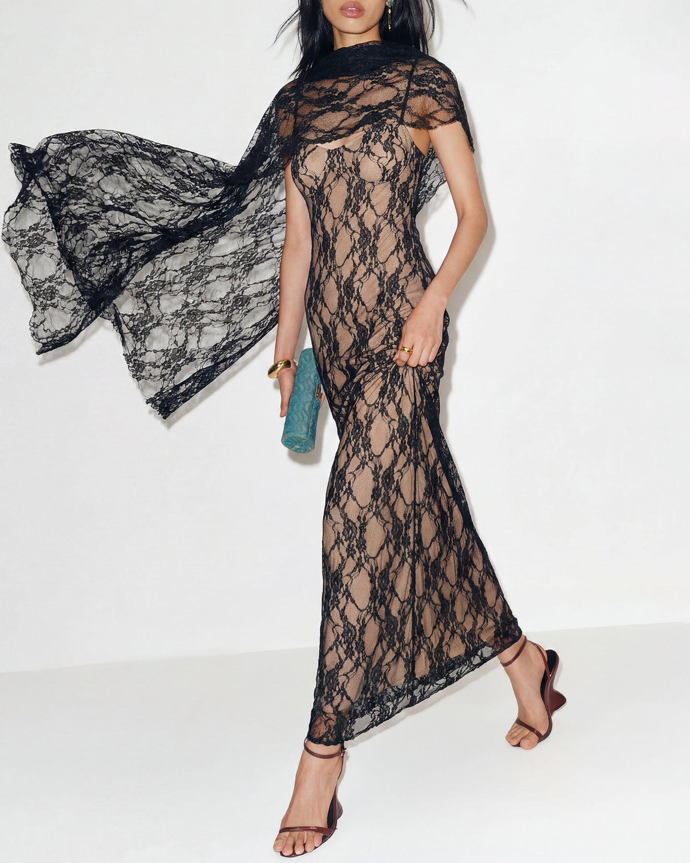 Black Lace Splicing Slip Maxi Dress
