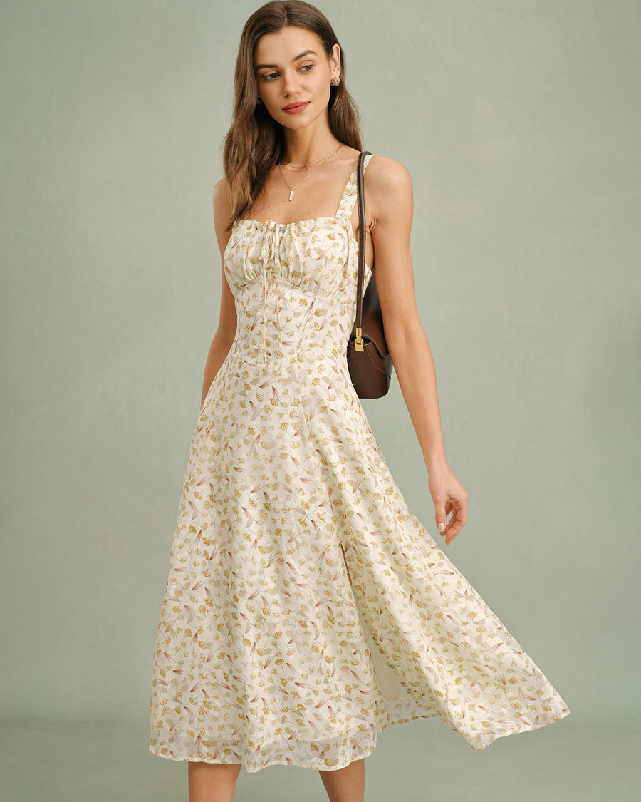 Apricot Floral Zipper Slip Midi Dress
