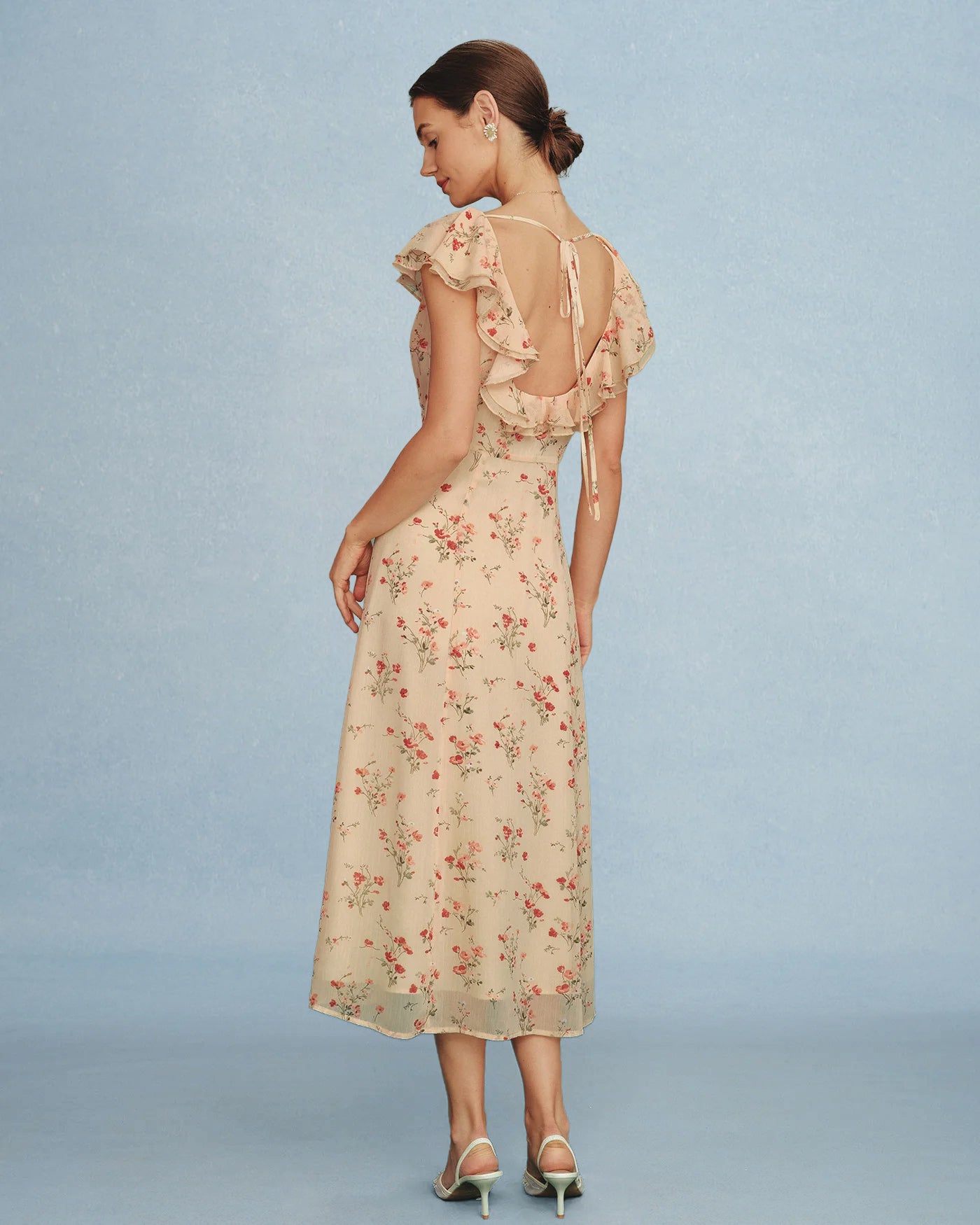 Yellow Butterfly Sleeve Tie Floral Midi Dress