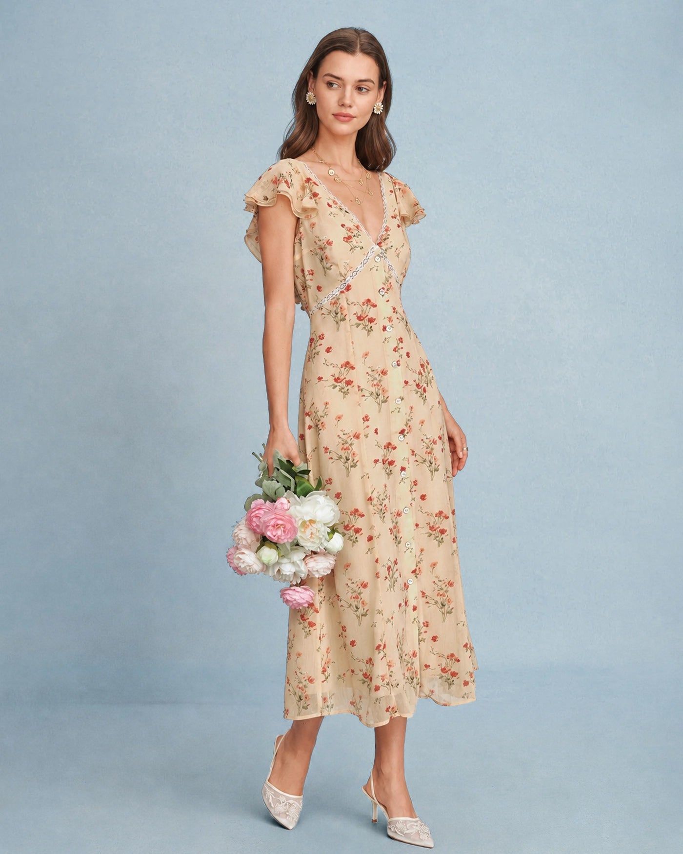 Yellow Butterfly Sleeve Tie Floral Midi Dress