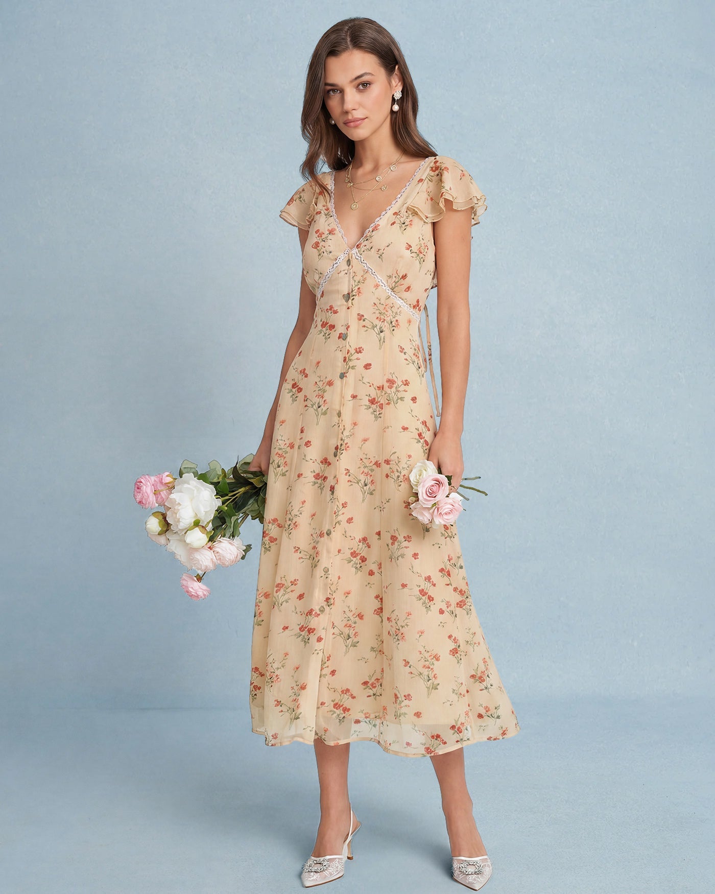 Yellow Butterfly Sleeve Tie Floral Midi Dress
