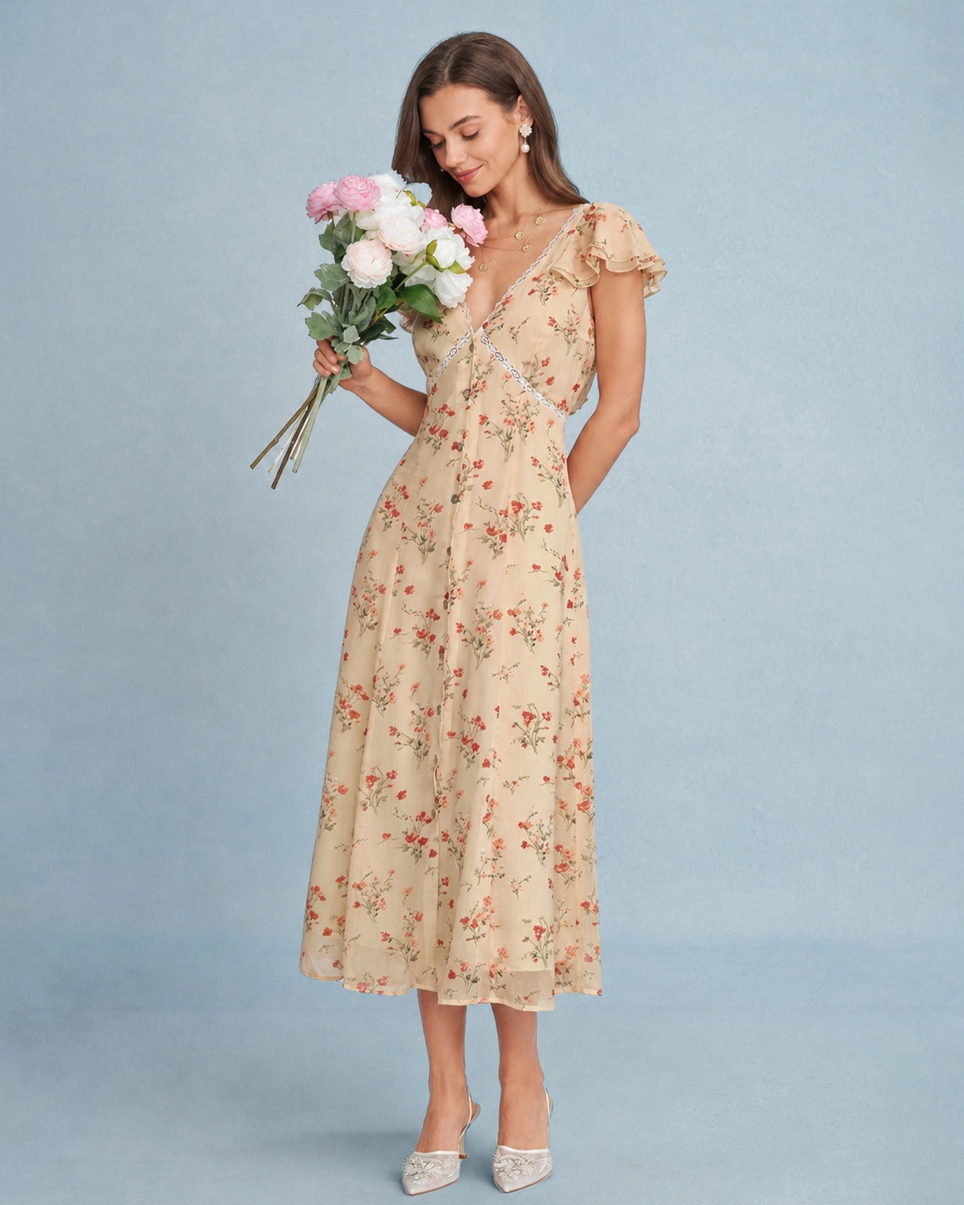 Yellow Butterfly Sleeve Tie Floral Midi Dress
