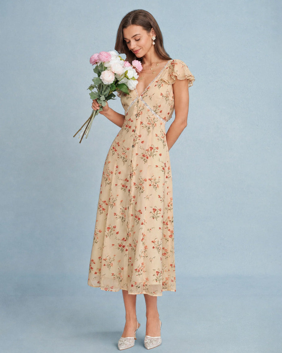 Yellow Butterfly Sleeve Tie Floral Midi Dress