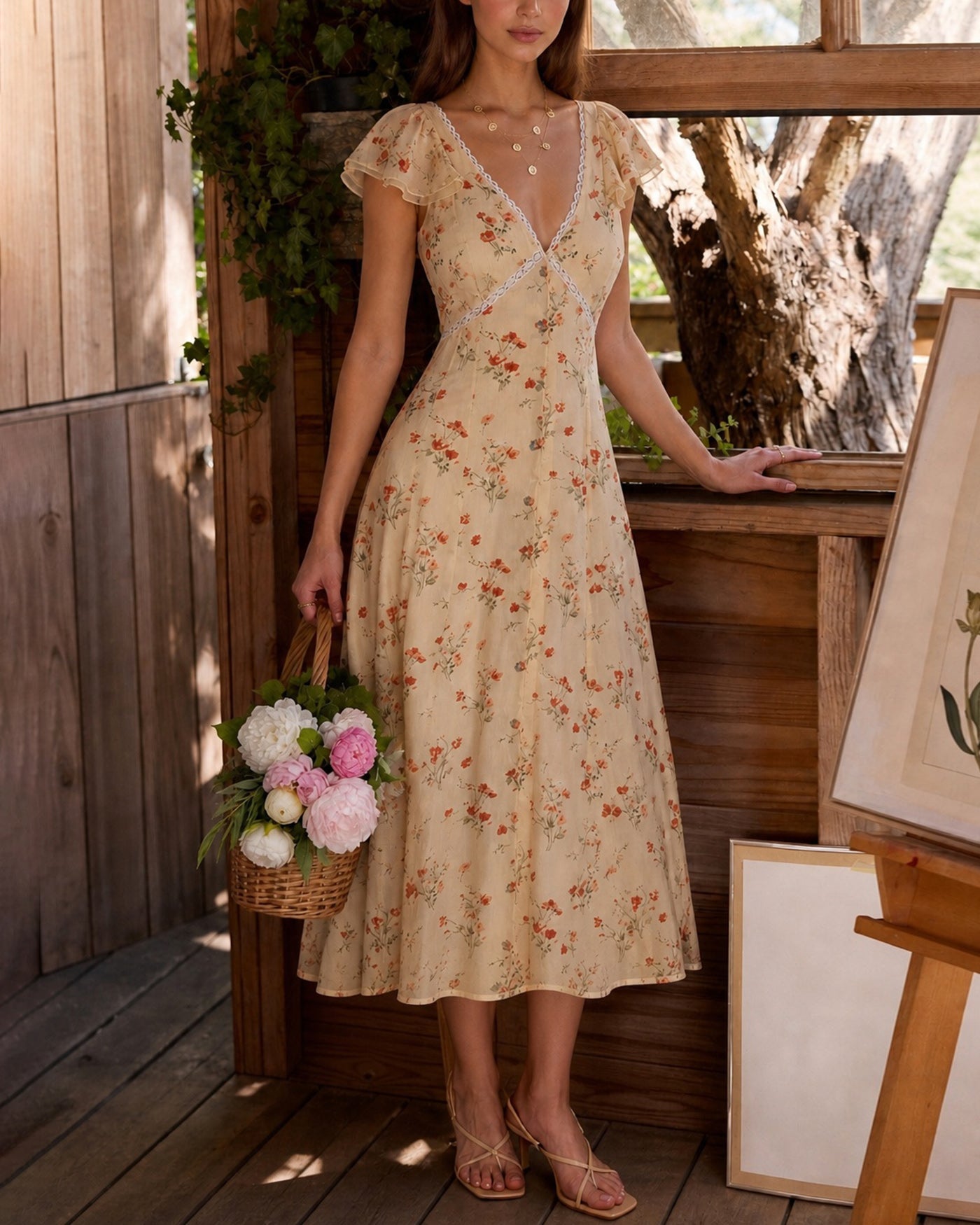 Yellow Butterfly Sleeve Tie Floral Midi Dress