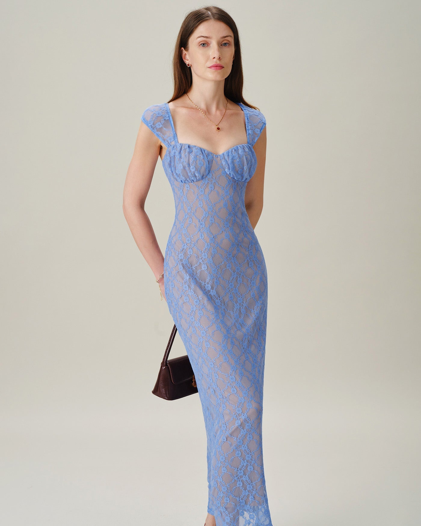Blue Sweetheart Neck Lace Maxi Dress