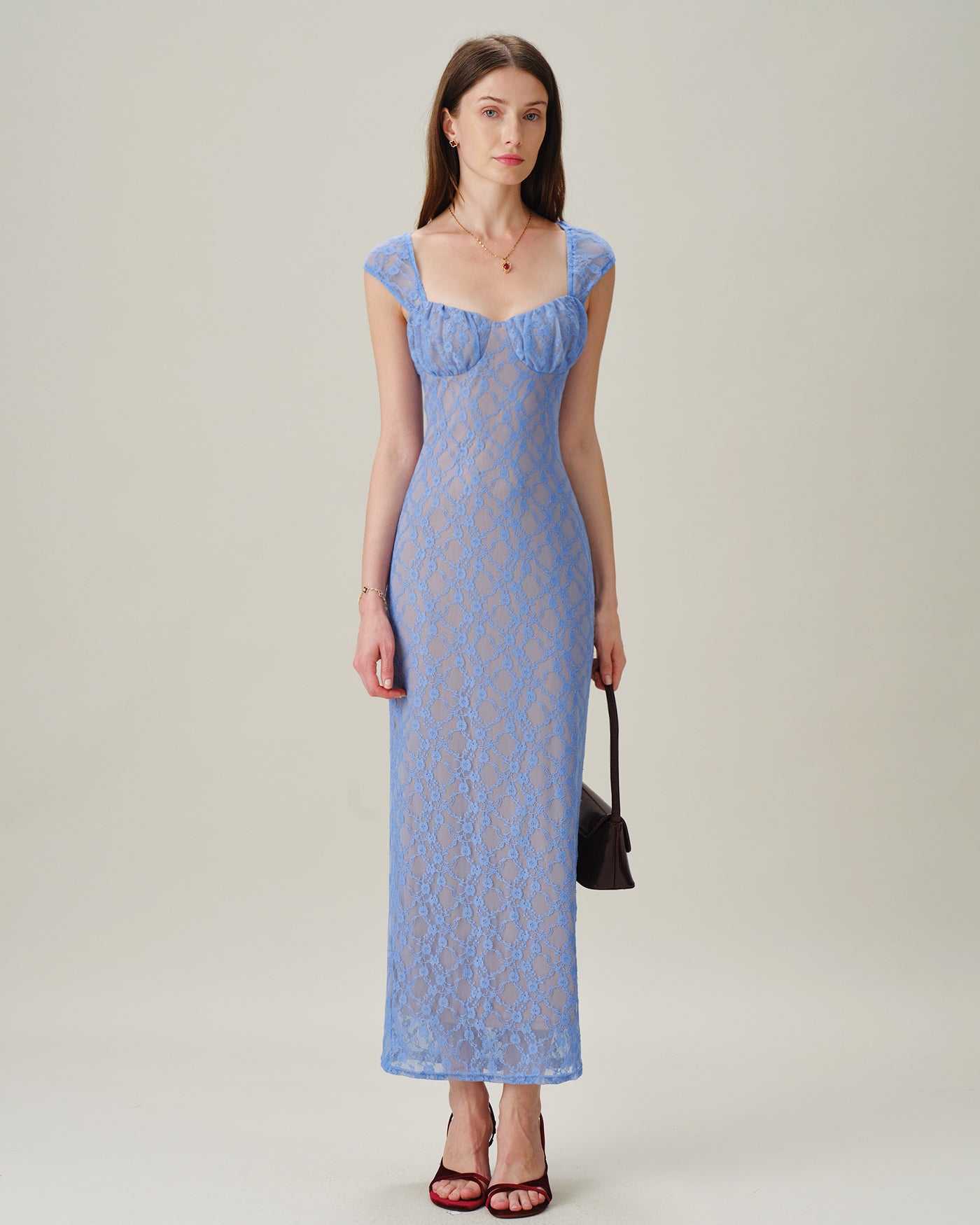 Blue Sweetheart Neck Lace Maxi Dress