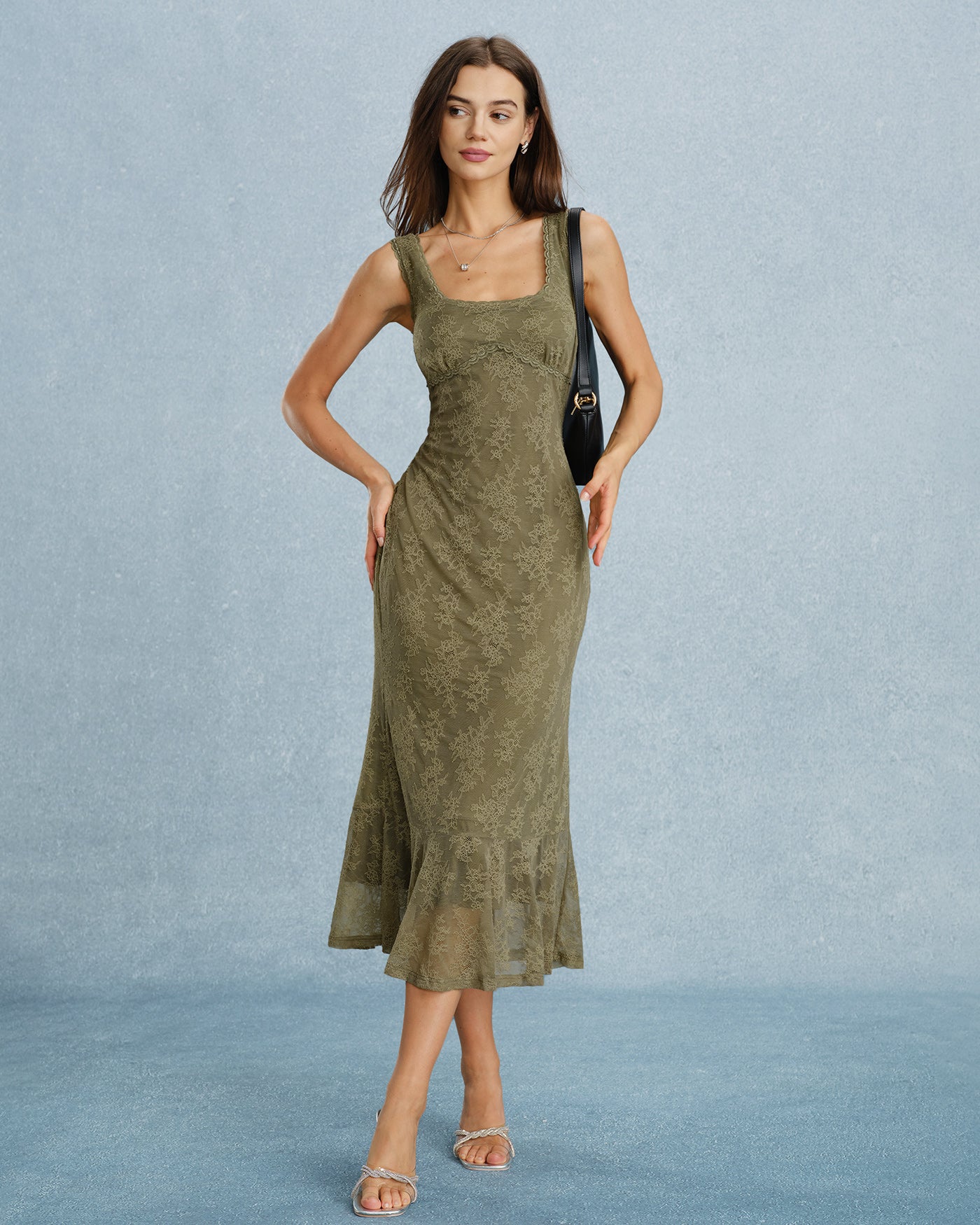 Green Square Neck Lace Floral Midi Dress