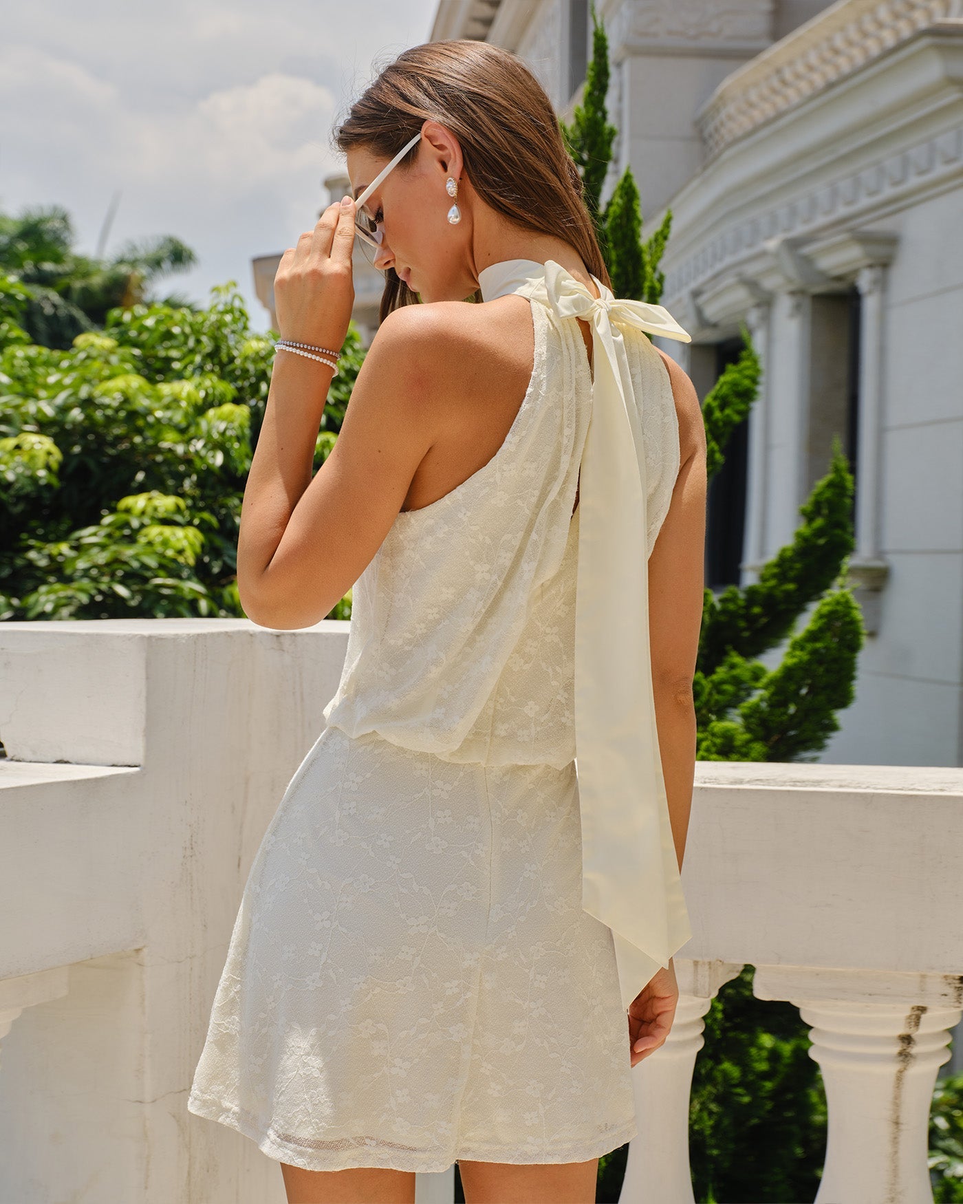 Beige Mock Neck Lace Tie Mini Dress
