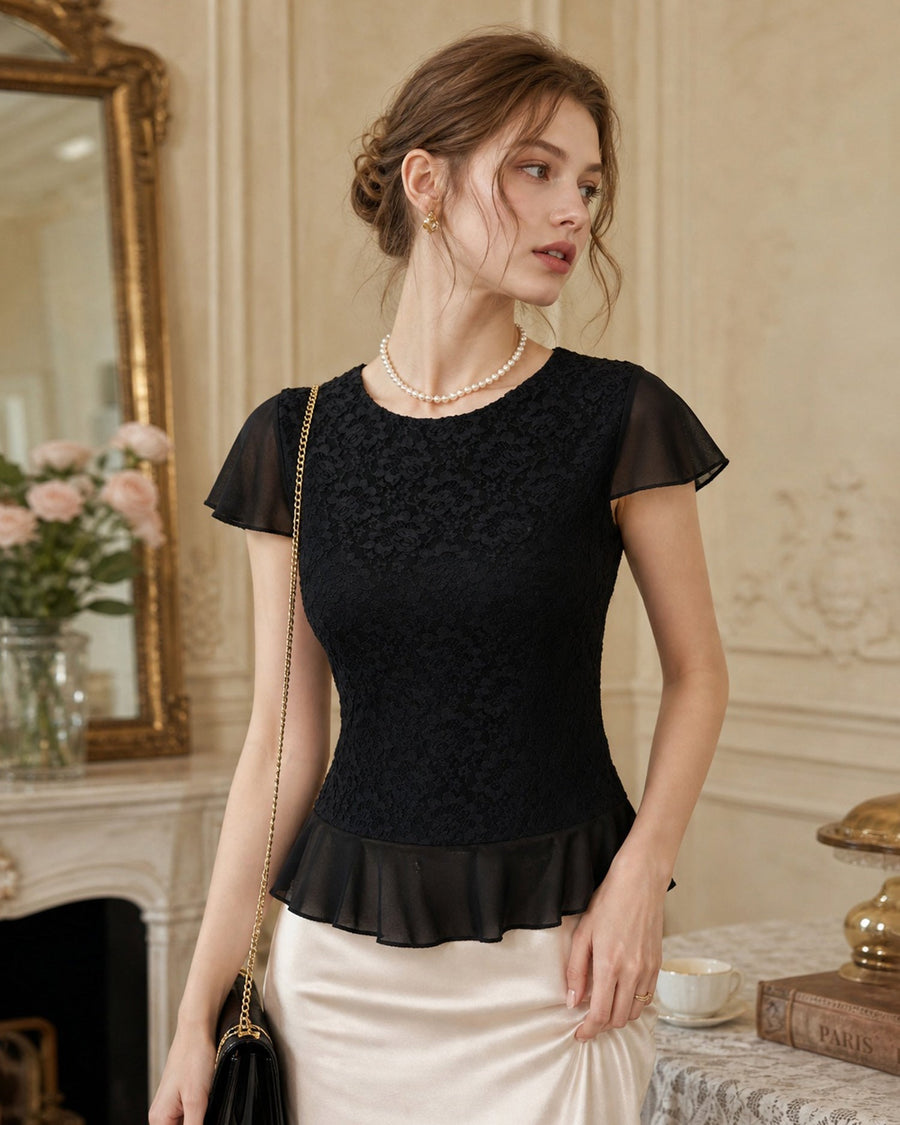 Black Round Neck Lace Splicing Tee