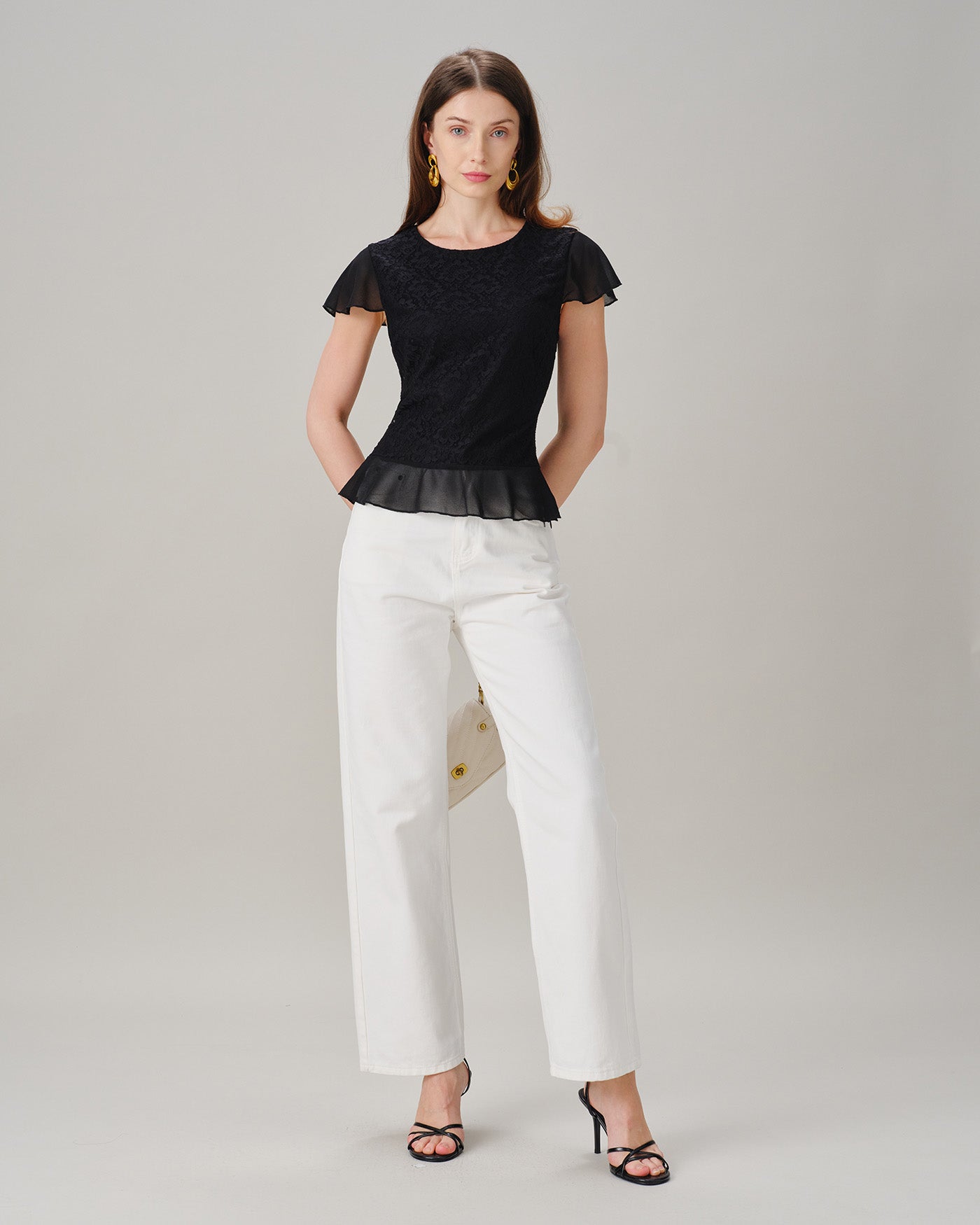 Black Round Neck Lace Splicing Tee