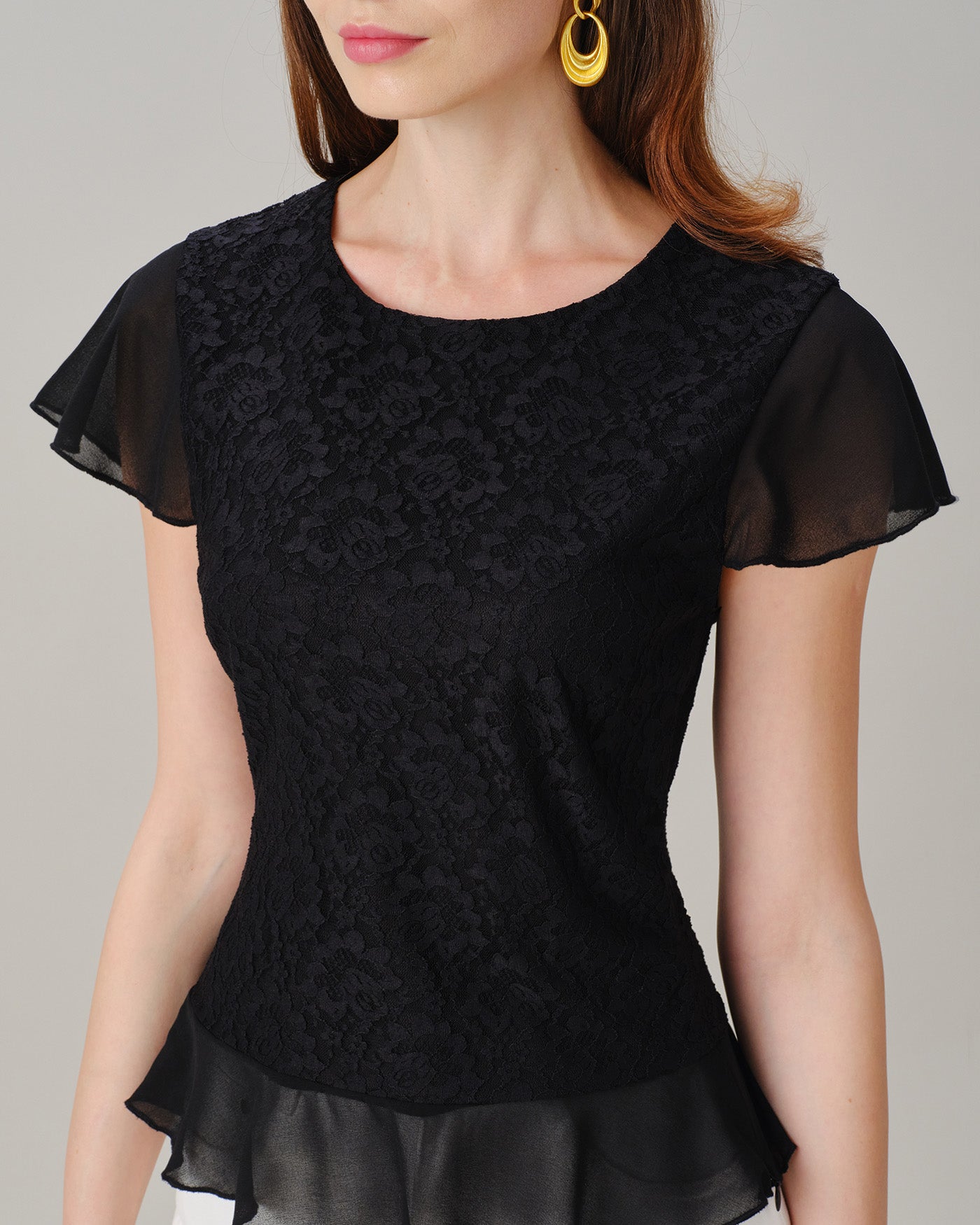 Black Round Neck Lace Splicing Tee