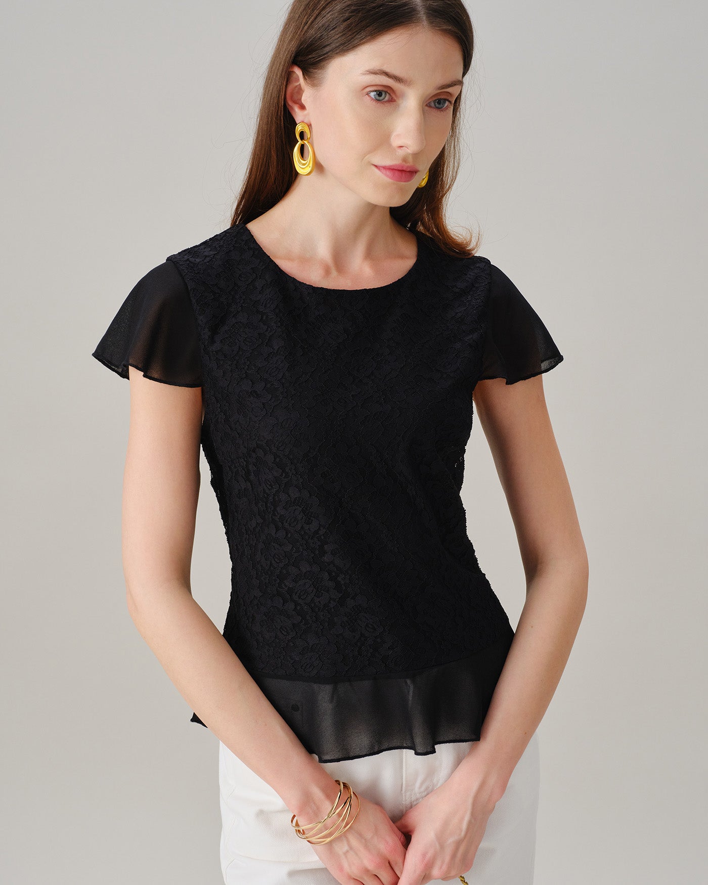 Black Round Neck Lace Splicing Tee