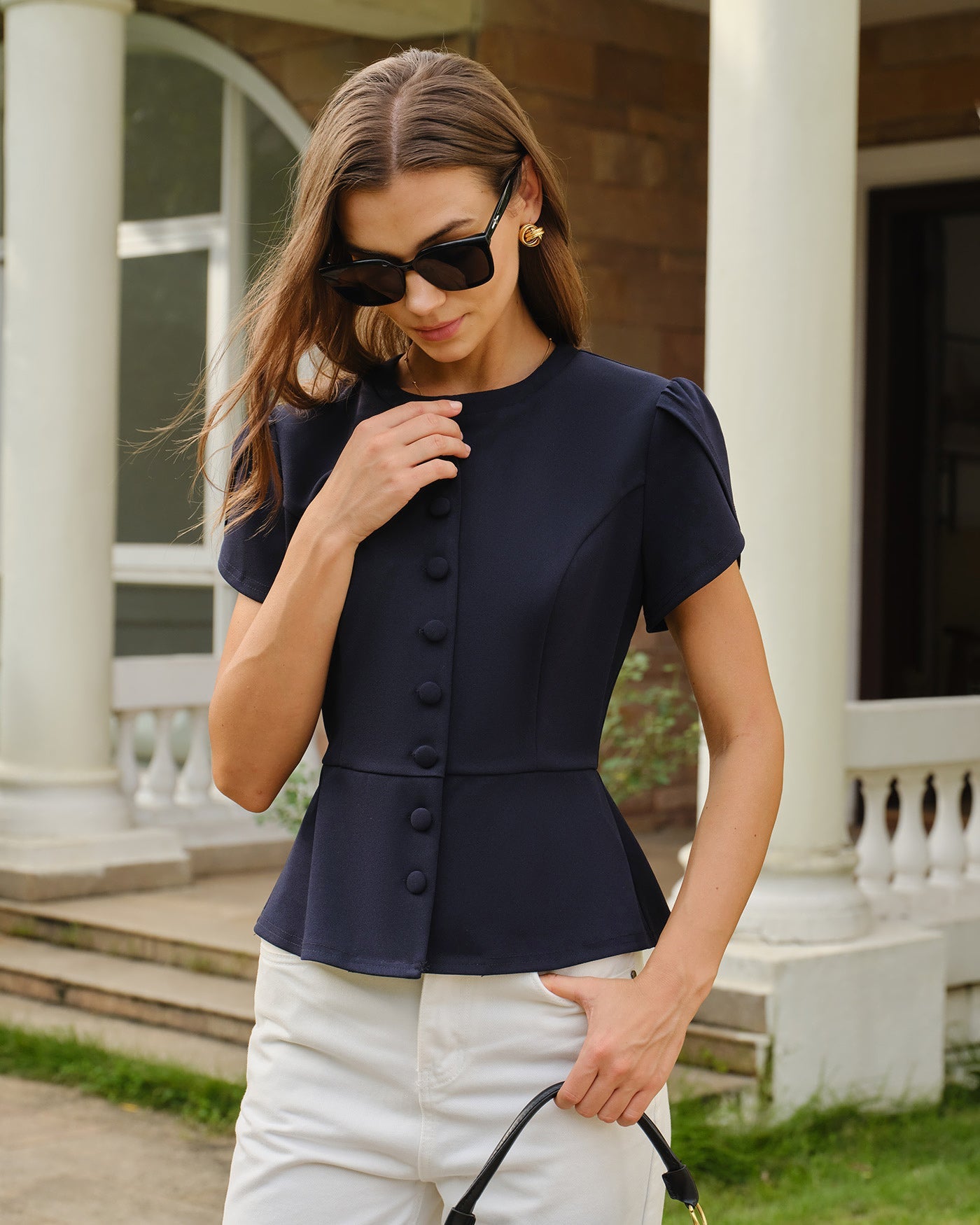 Navy Round Neck Petal Sleeve Blouse