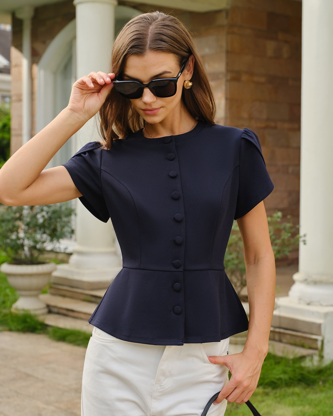 Navy Round Neck Petal Sleeve Blouse