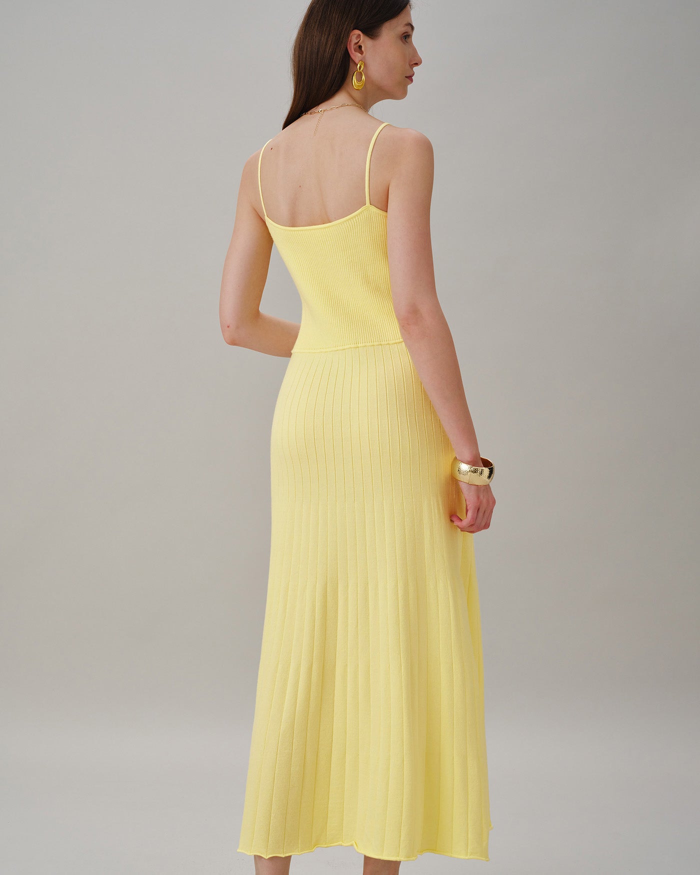 Yellow Textured Slip Sweater Midi Dress