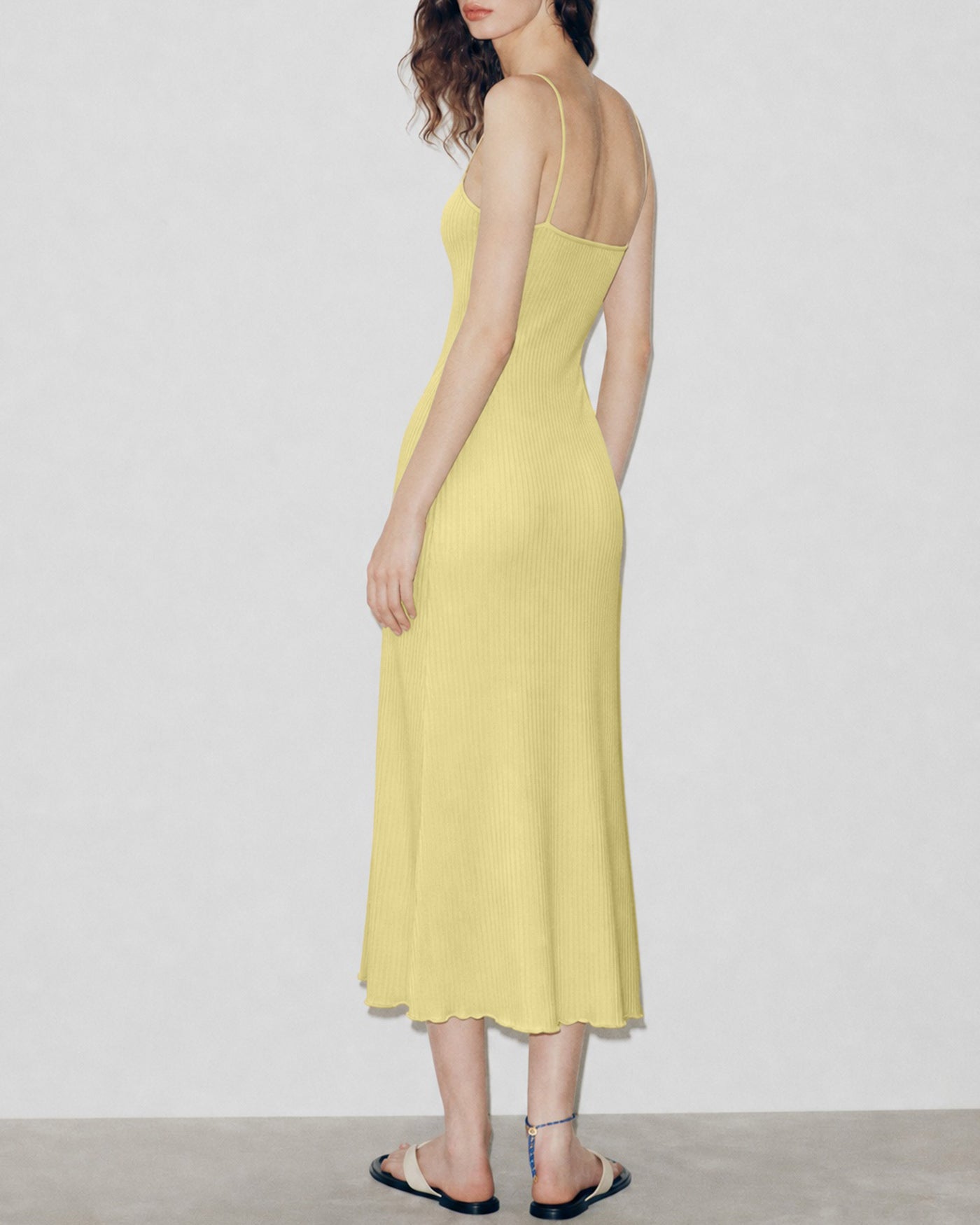 Yellow Textured Slip Sweater Midi Dress
