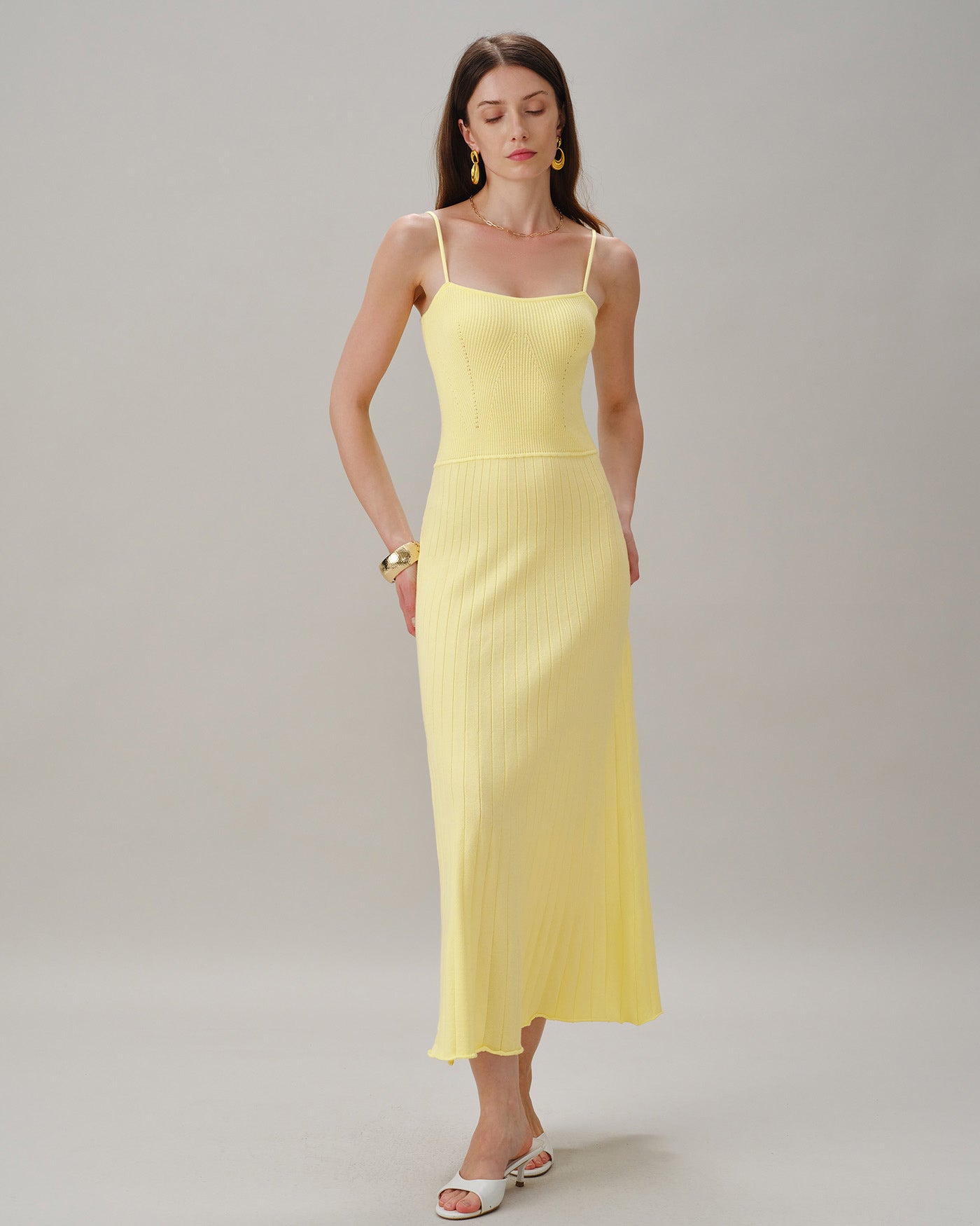 Yellow Textured Slip Sweater Midi Dress