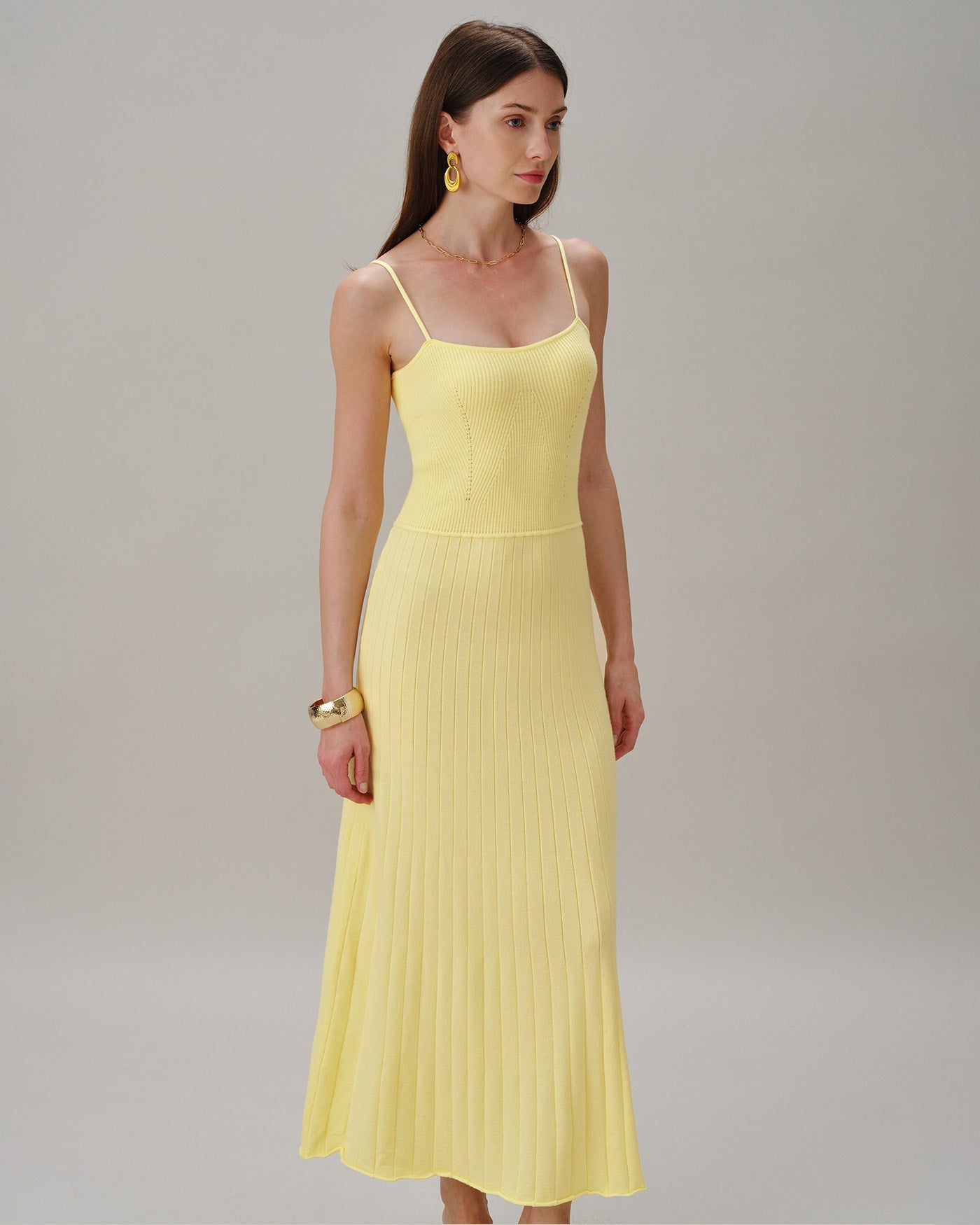 Yellow Textured Slip Sweater Midi Dress