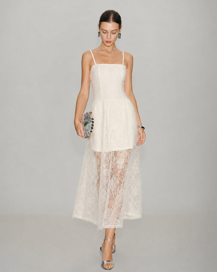 Apricot Sheer Lace Slip Maxi Dress