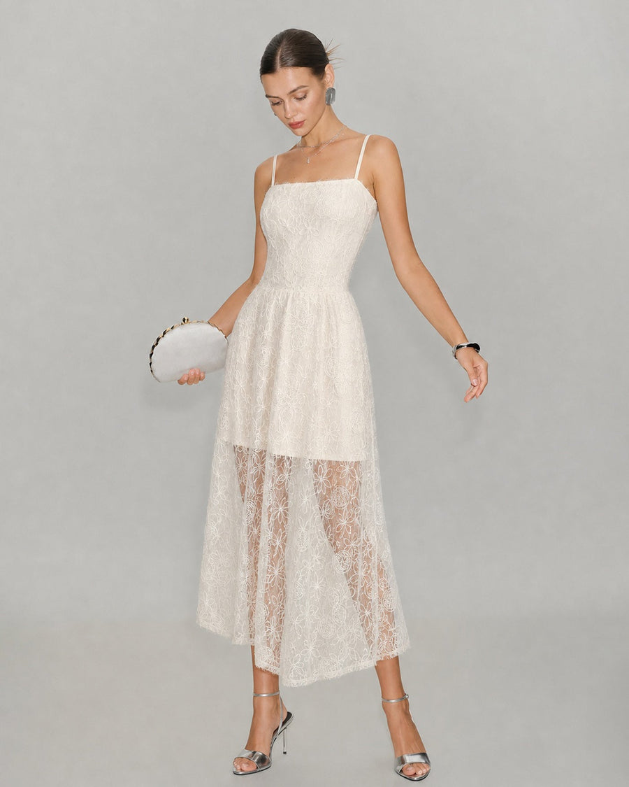 Apricot Sheer Lace Slip Maxi Dress