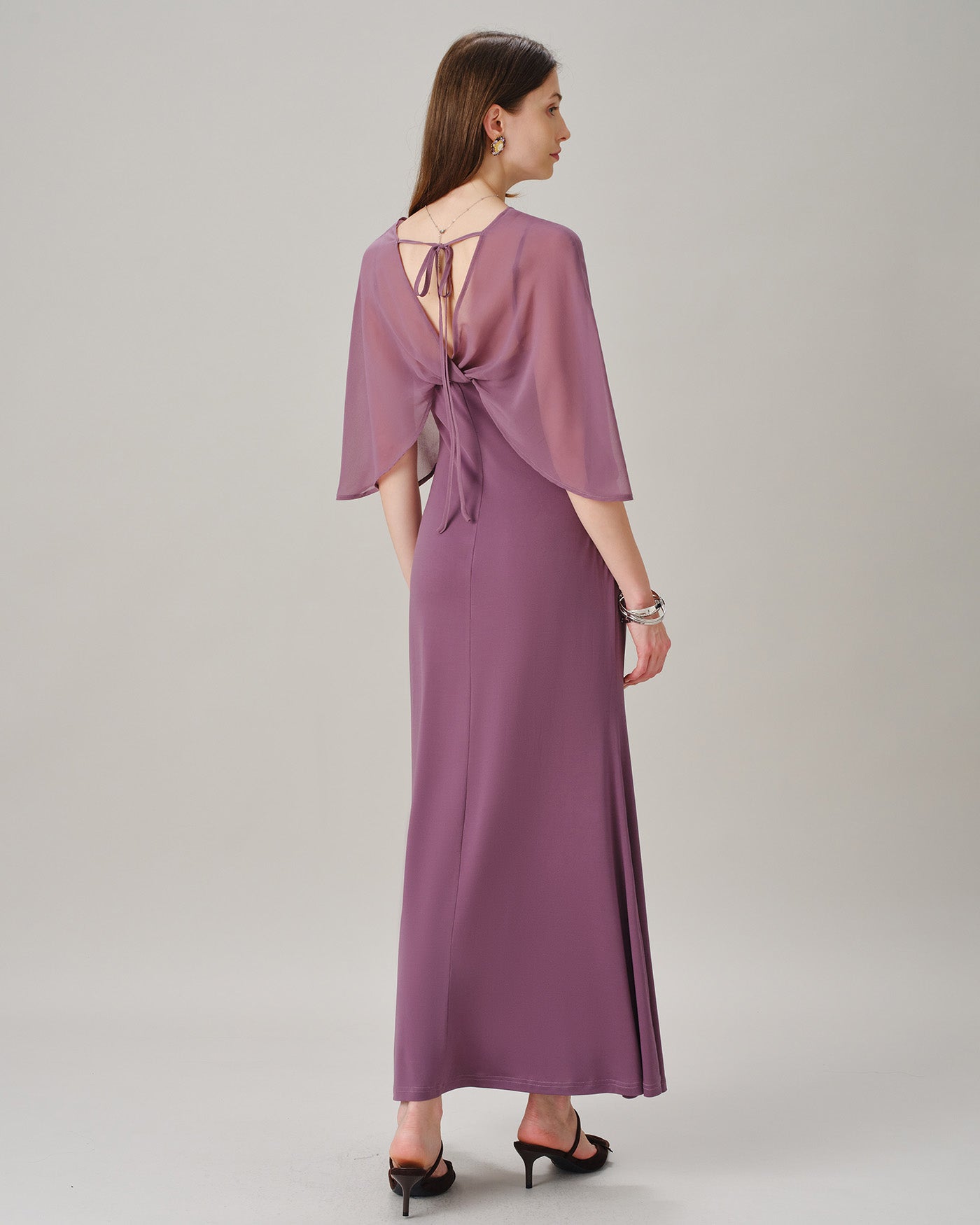 Purple V Neck Tie Chiffon Maxi Dress