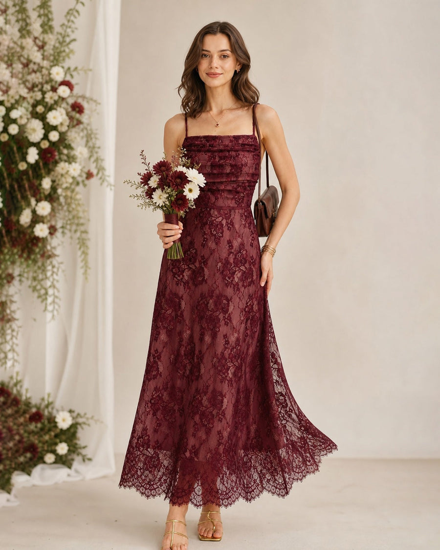 Wine Red Lace Slip Maxi Dress