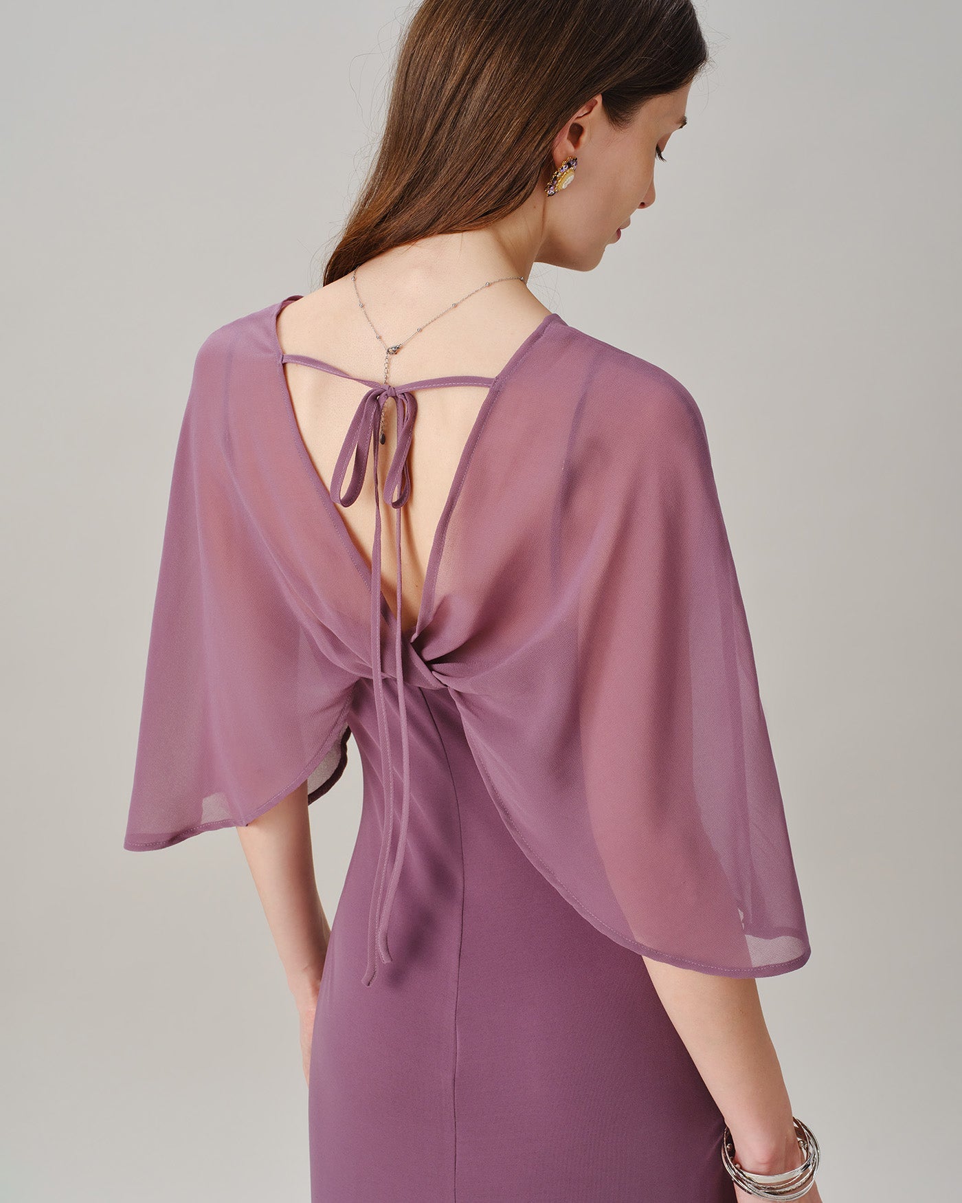 Purple V Neck Tie Chiffon Maxi Dress