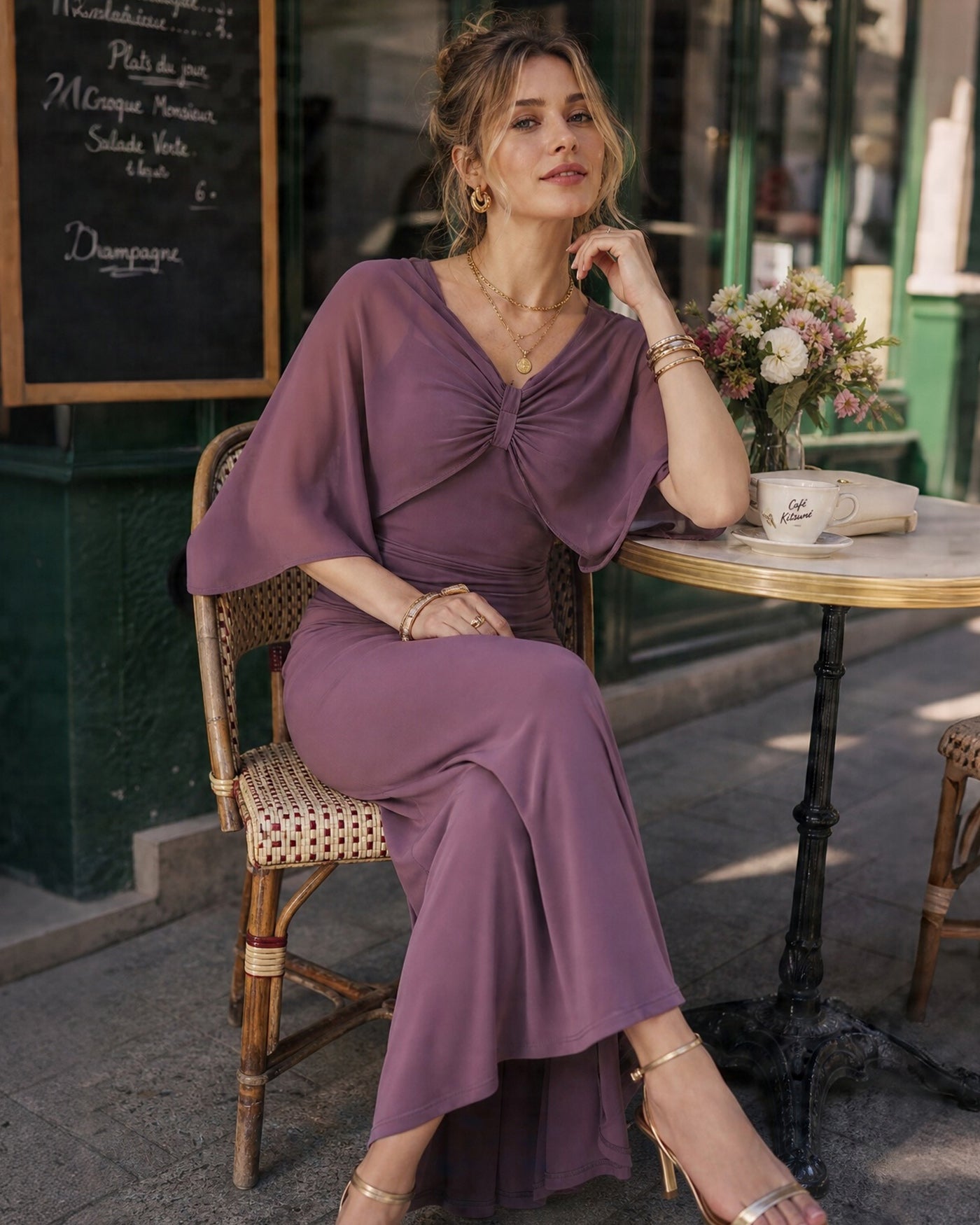 Purple V Neck Tie Chiffon Maxi Dress