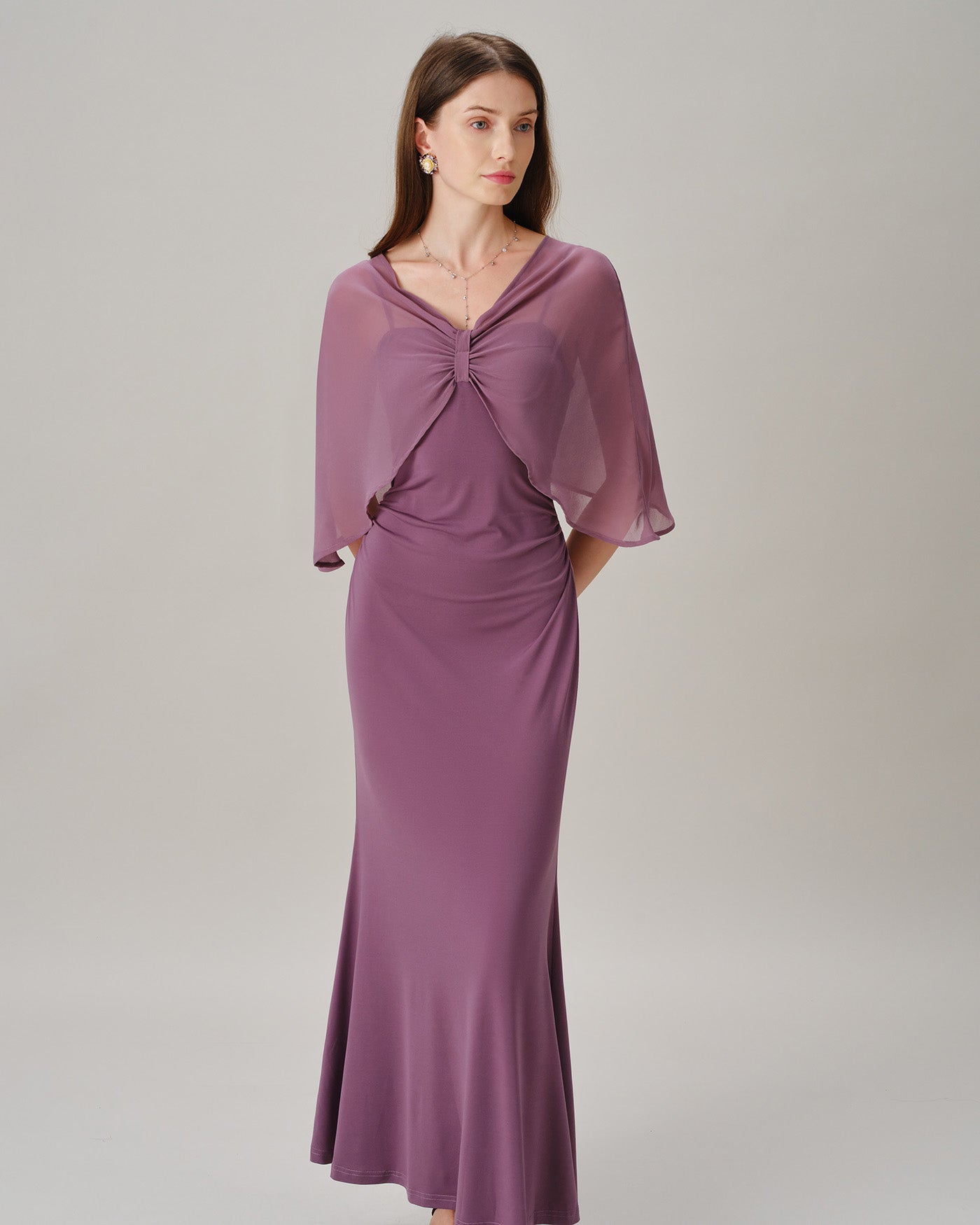 Purple V Neck Tie Chiffon Maxi Dress