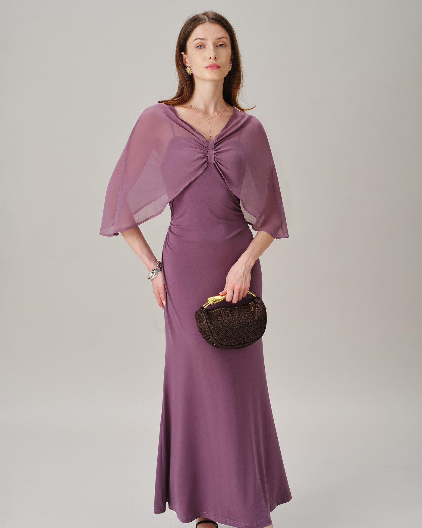 Purple V Neck Tie Chiffon Maxi Dress