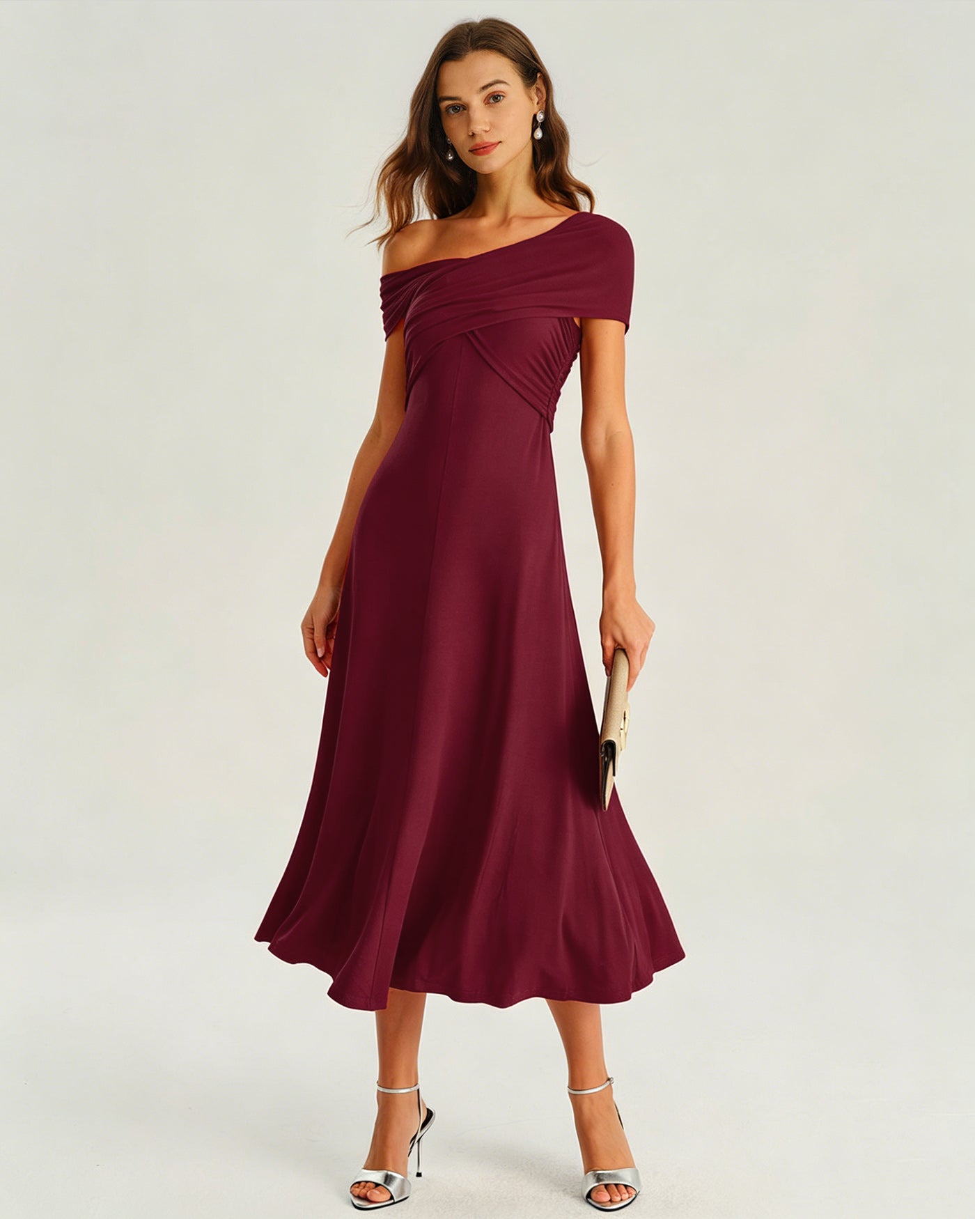 Wine Red One shoulder Ruched Midi Dress