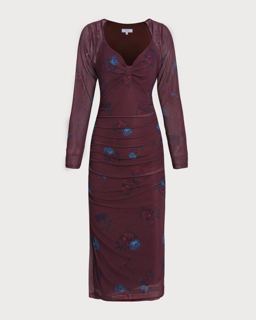 Purple V Neck Floral Midi Dress